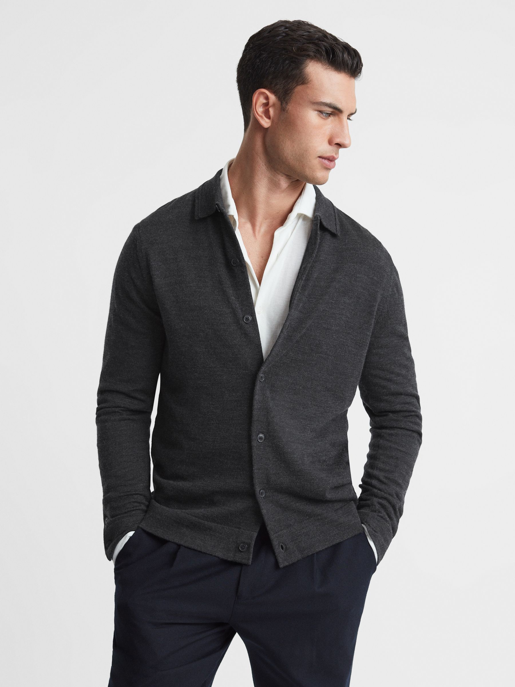 Merino Wool Button Through Cardigan in Charcoal