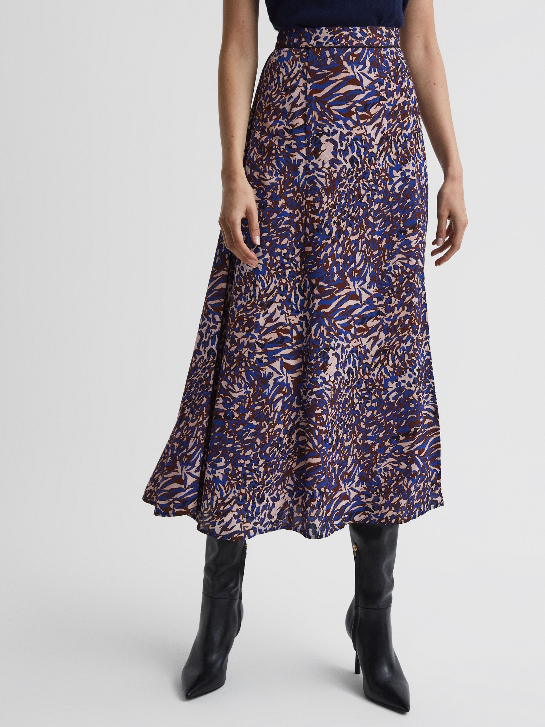 Reiss Printed Midi Skirt in Blue REISS