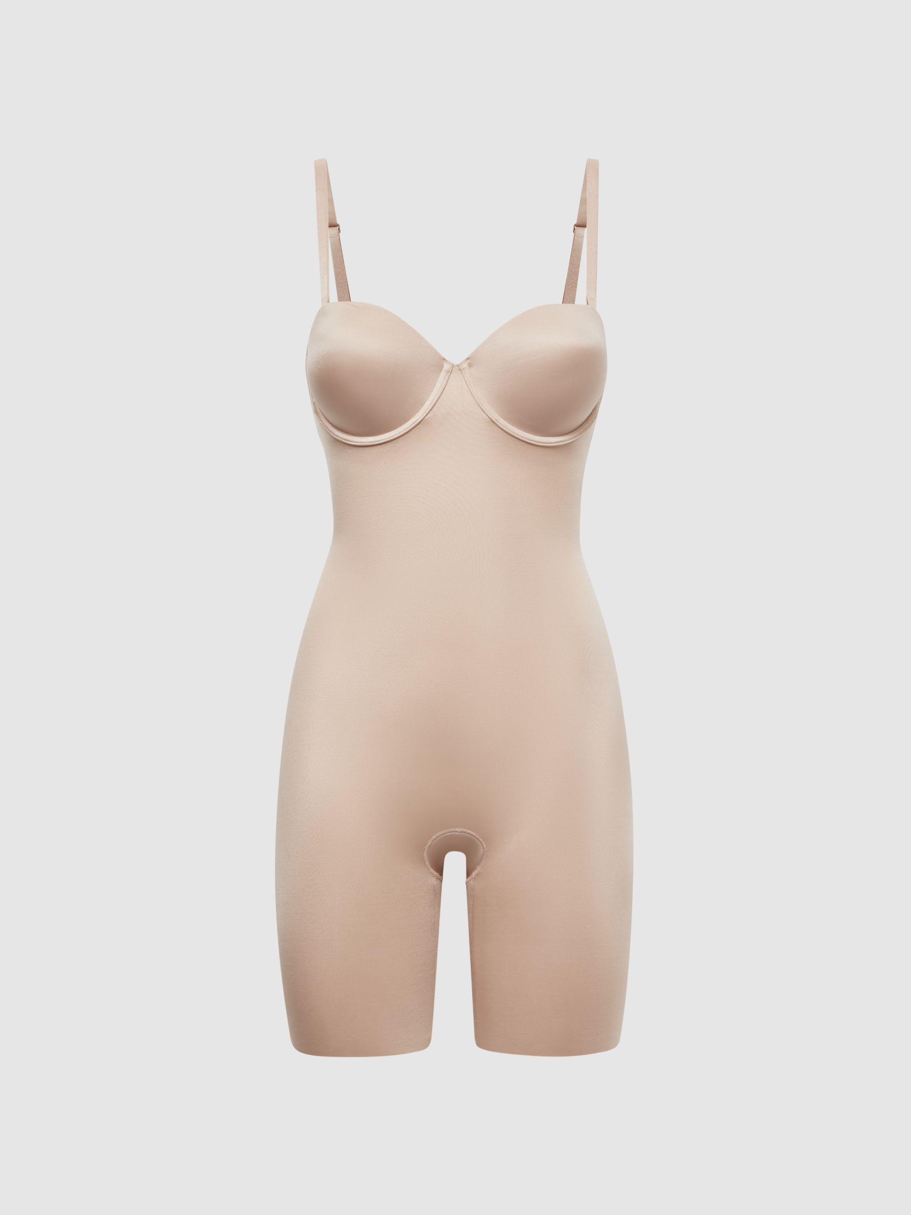 Reiss Spanx Shapewear Firming Strapless Mid Thigh Bodysuit with Cups in Champagne REISS