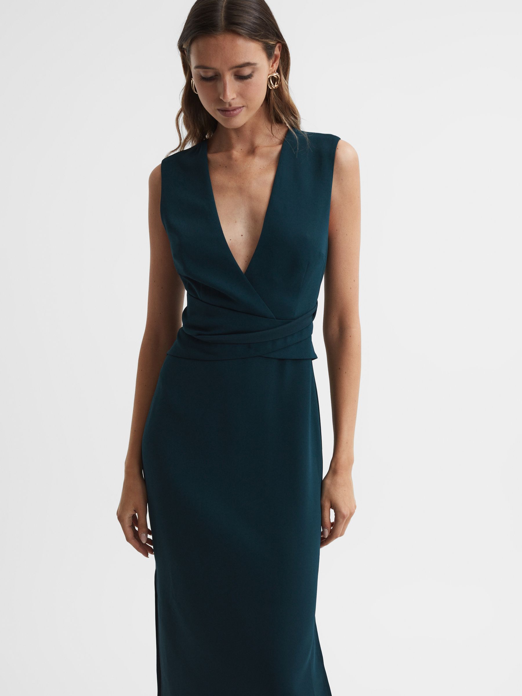 Reiss Fitted Wrap Design Midi Dress in Teal REISS