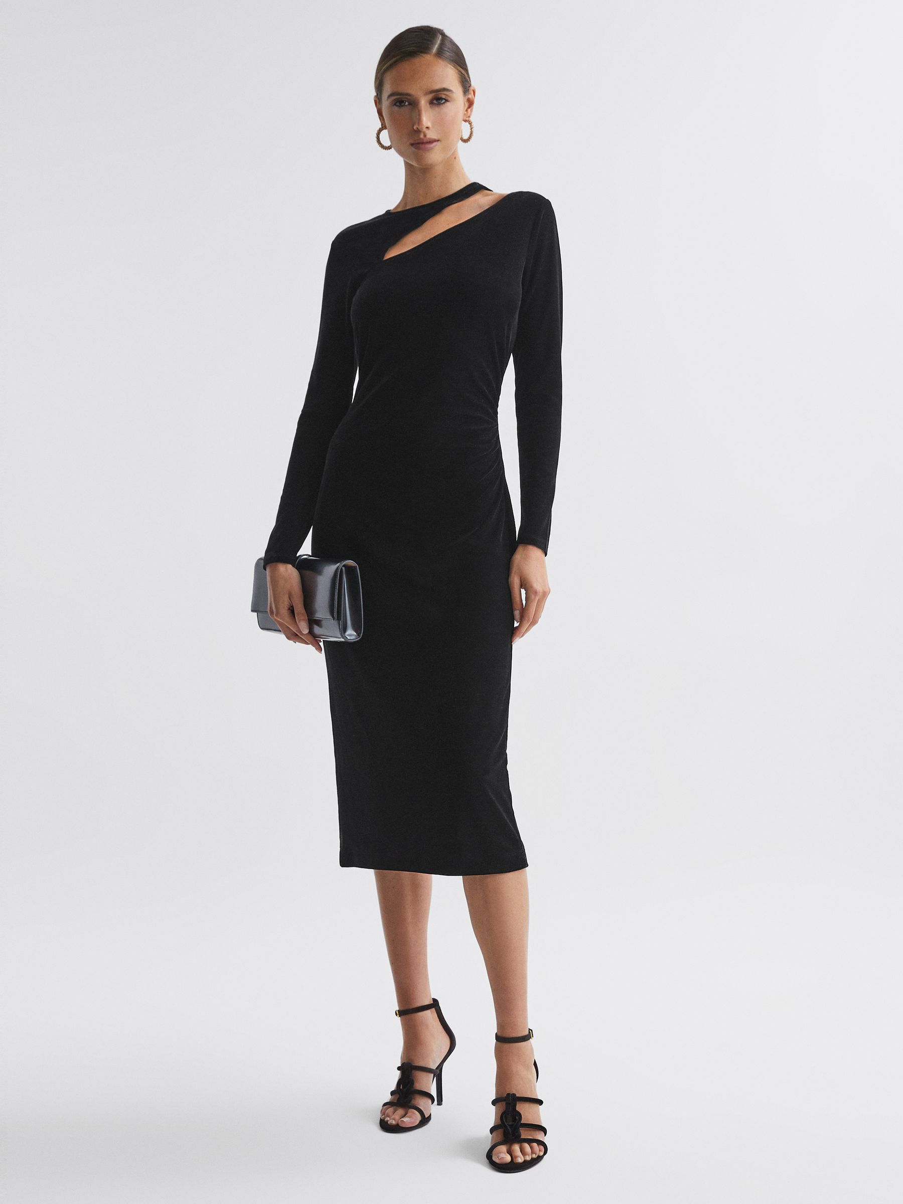 Reiss Velvet Cut Out Midi Dress in Black REISS