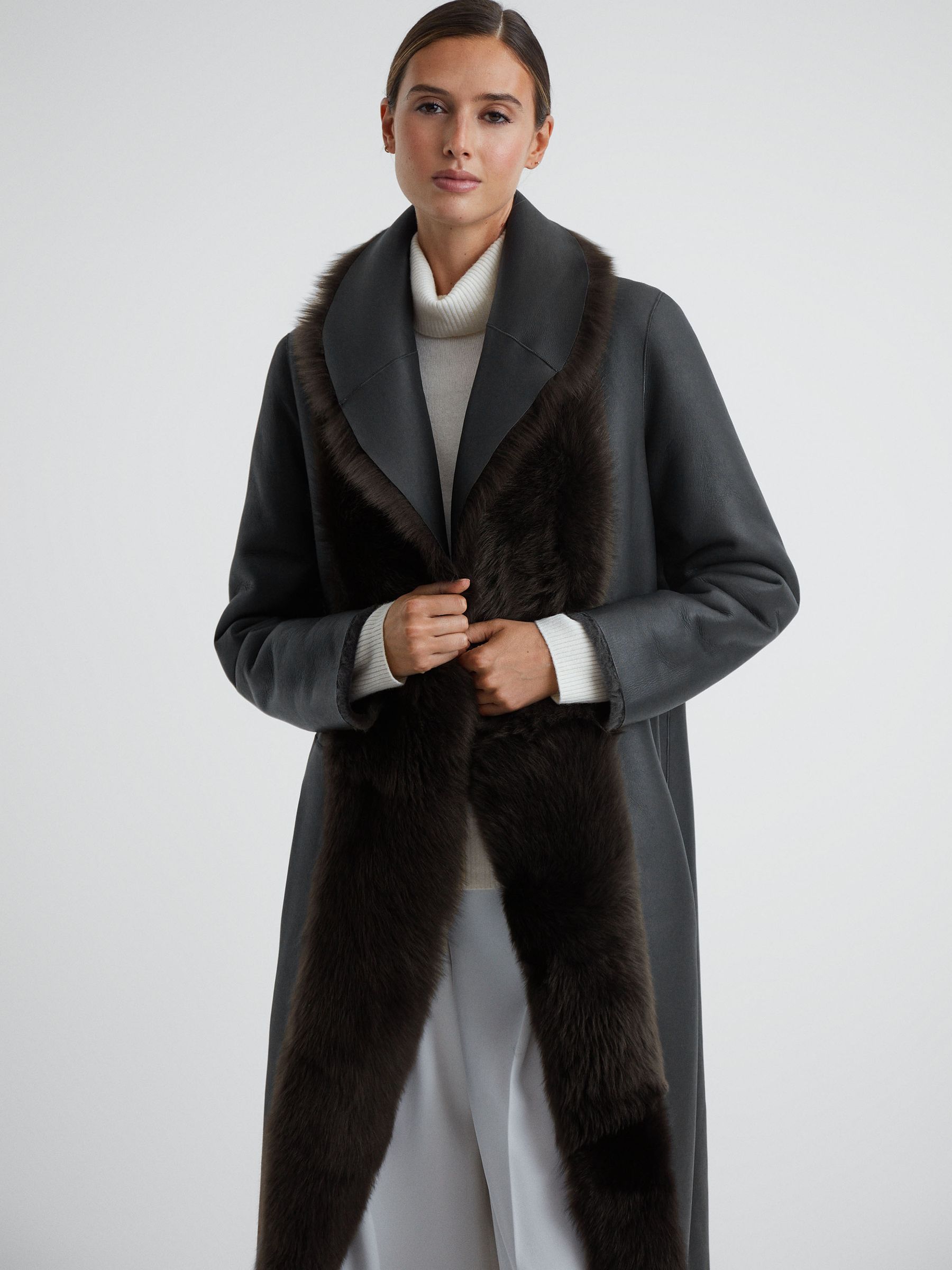 Reiss Reversible Longline Leather Shearling Coat in Charcoal REISS