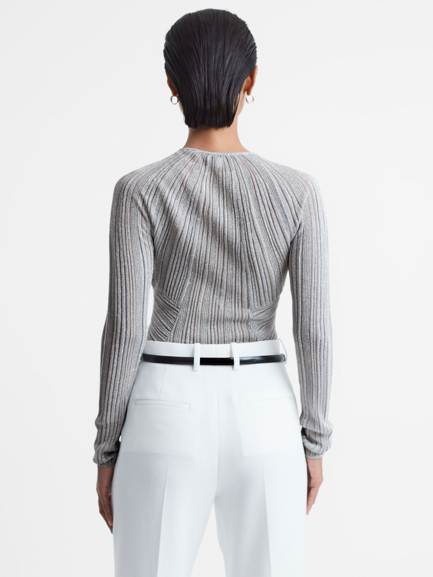 Reiss Metallic Sheer Striped Top in Silver REISS