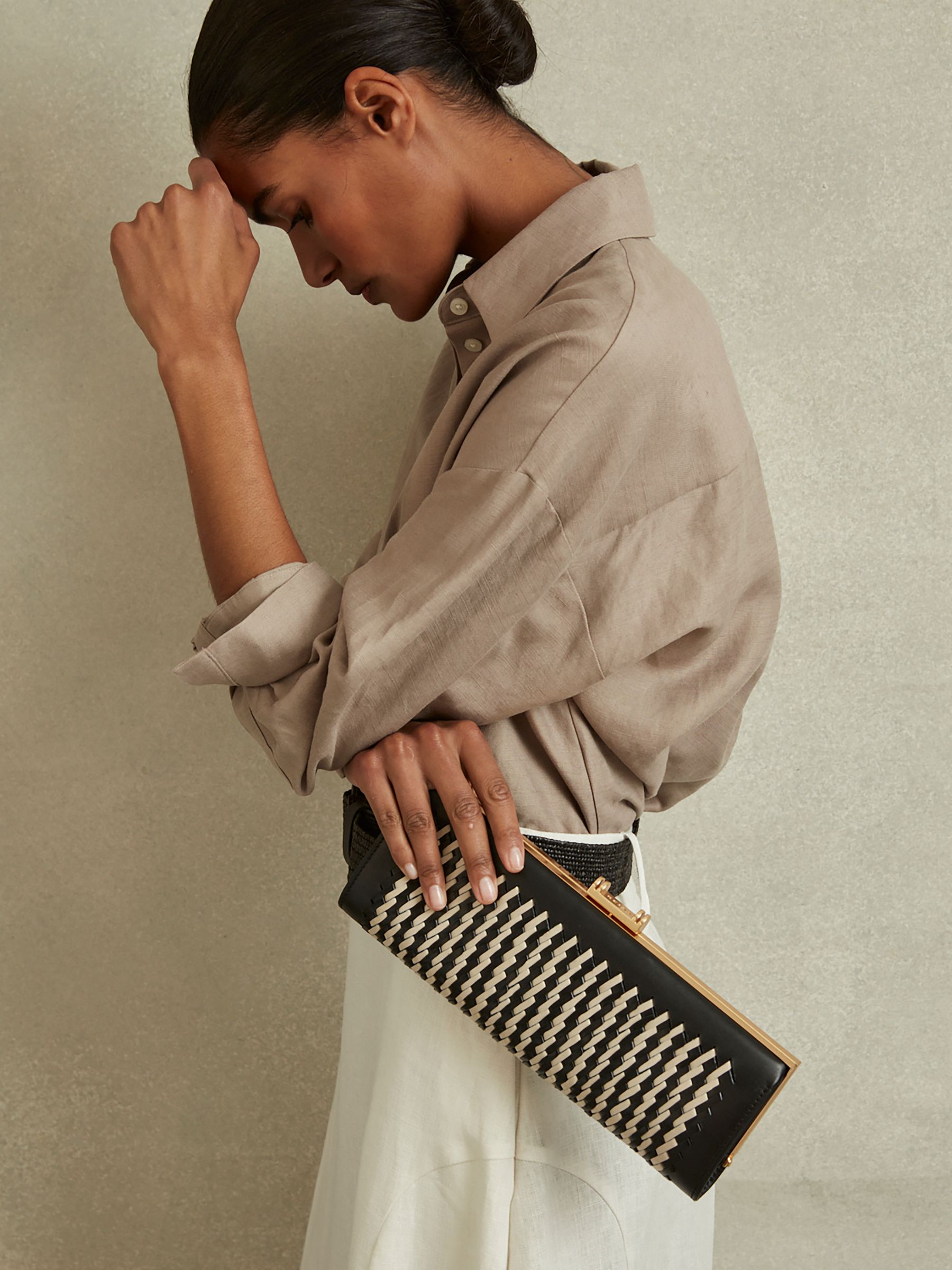 Reiss Leather Woven Clutch Bag in Black White REISS