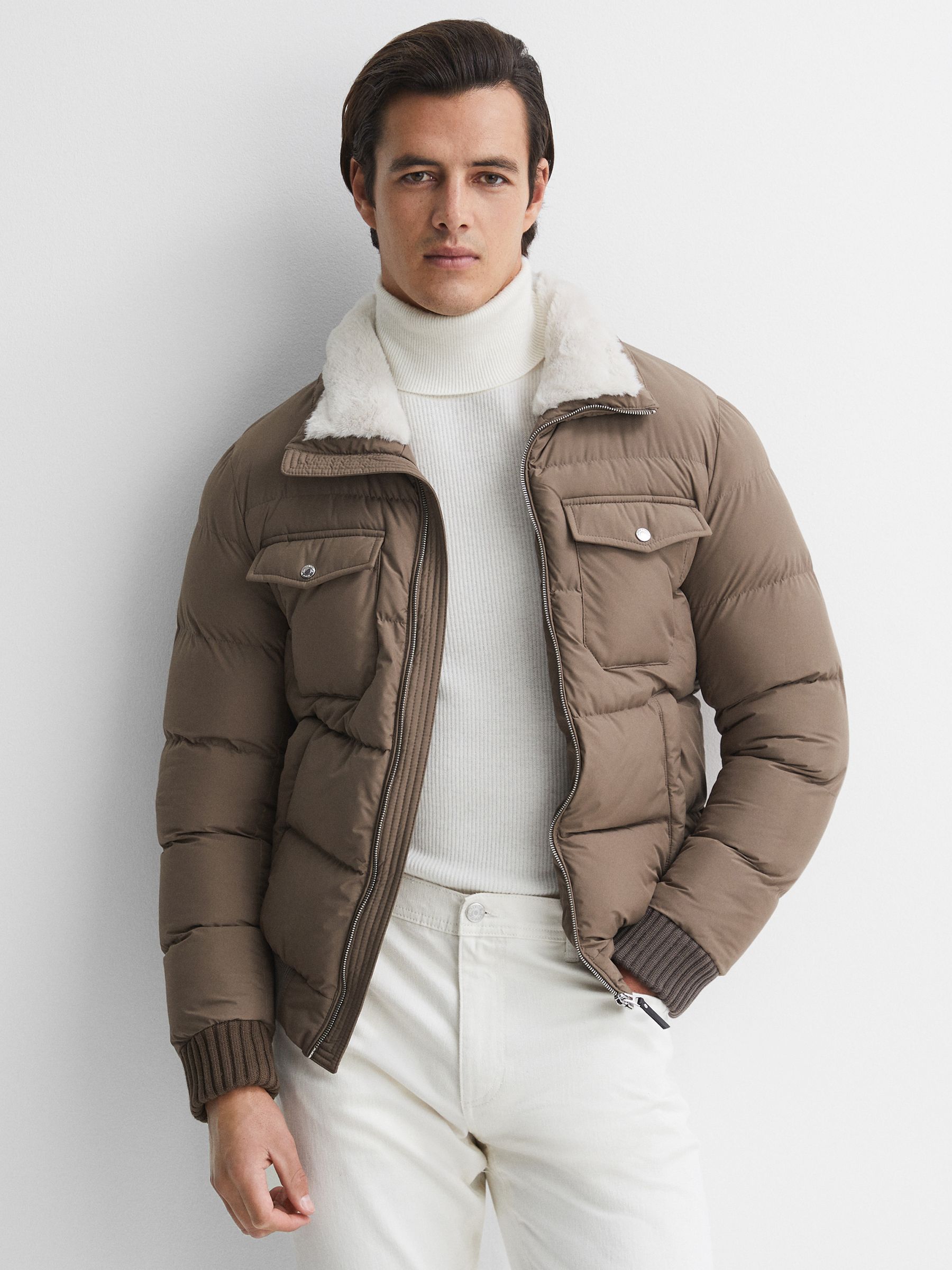 Reiss Padded Faux Fur Coat in Mushroom REISS