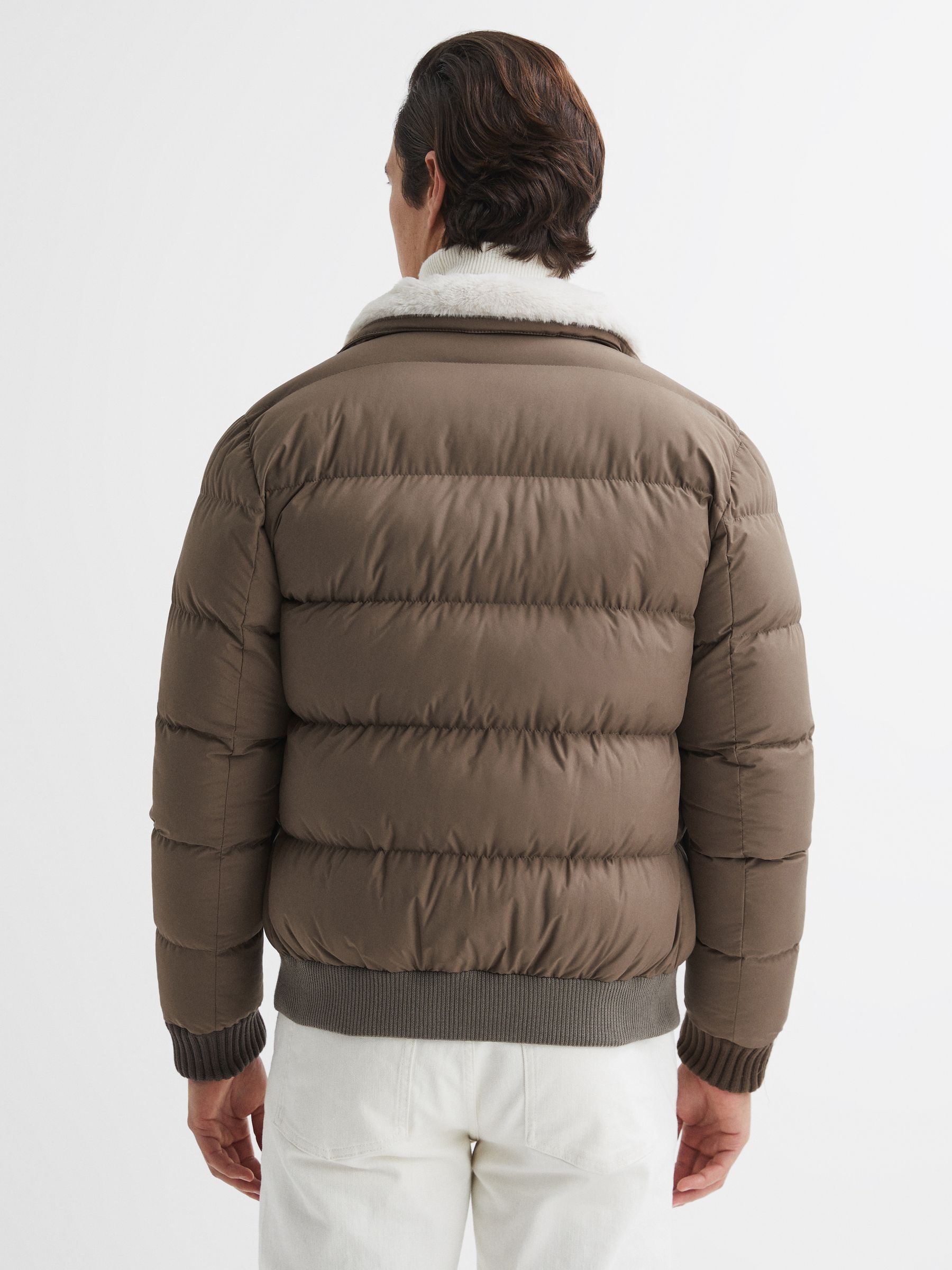 Reiss Padded Faux Fur Coat in Mushroom REISS