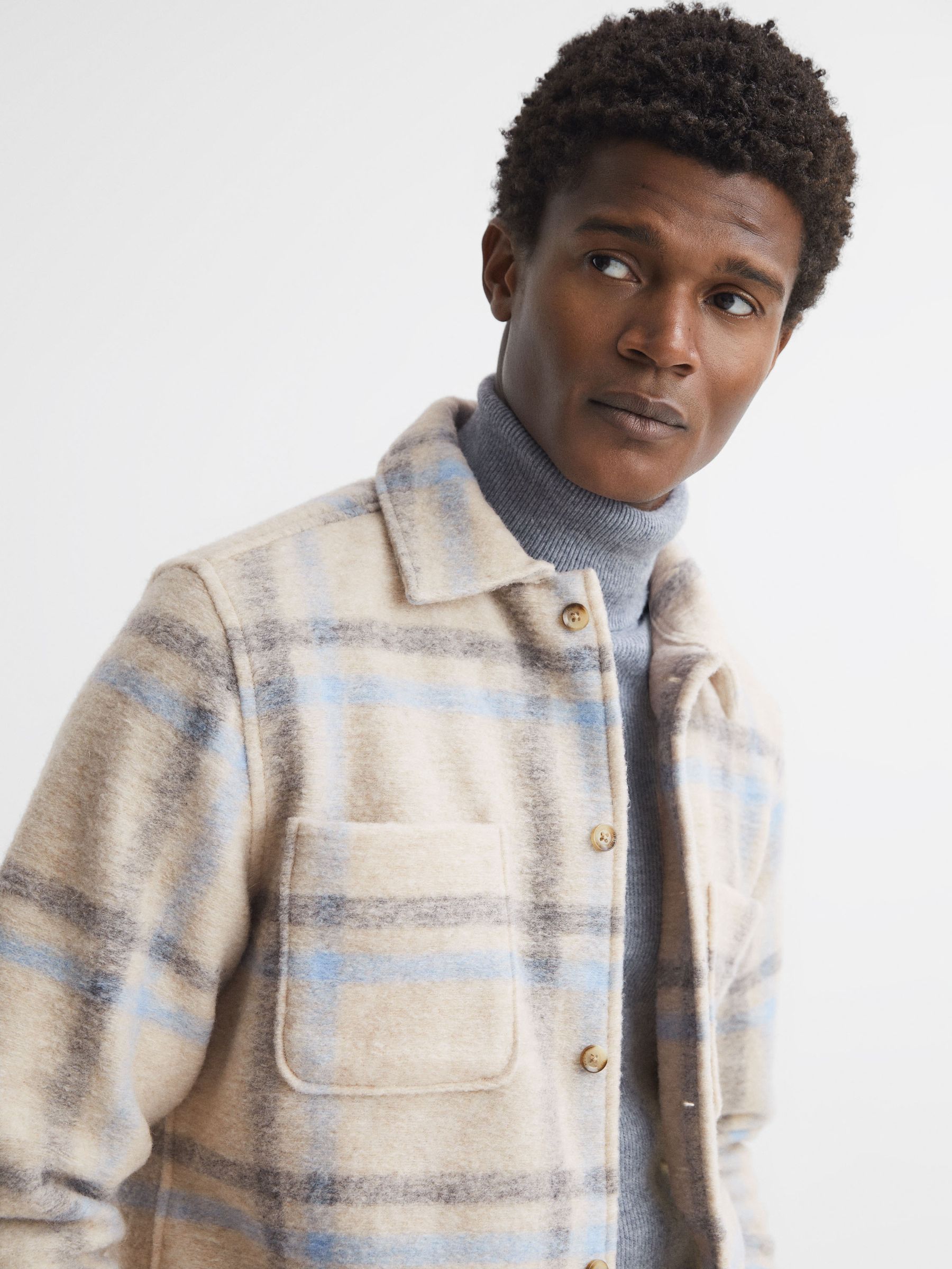 Wool Blend Check Overshirt in Oatmeal/Soft Blue