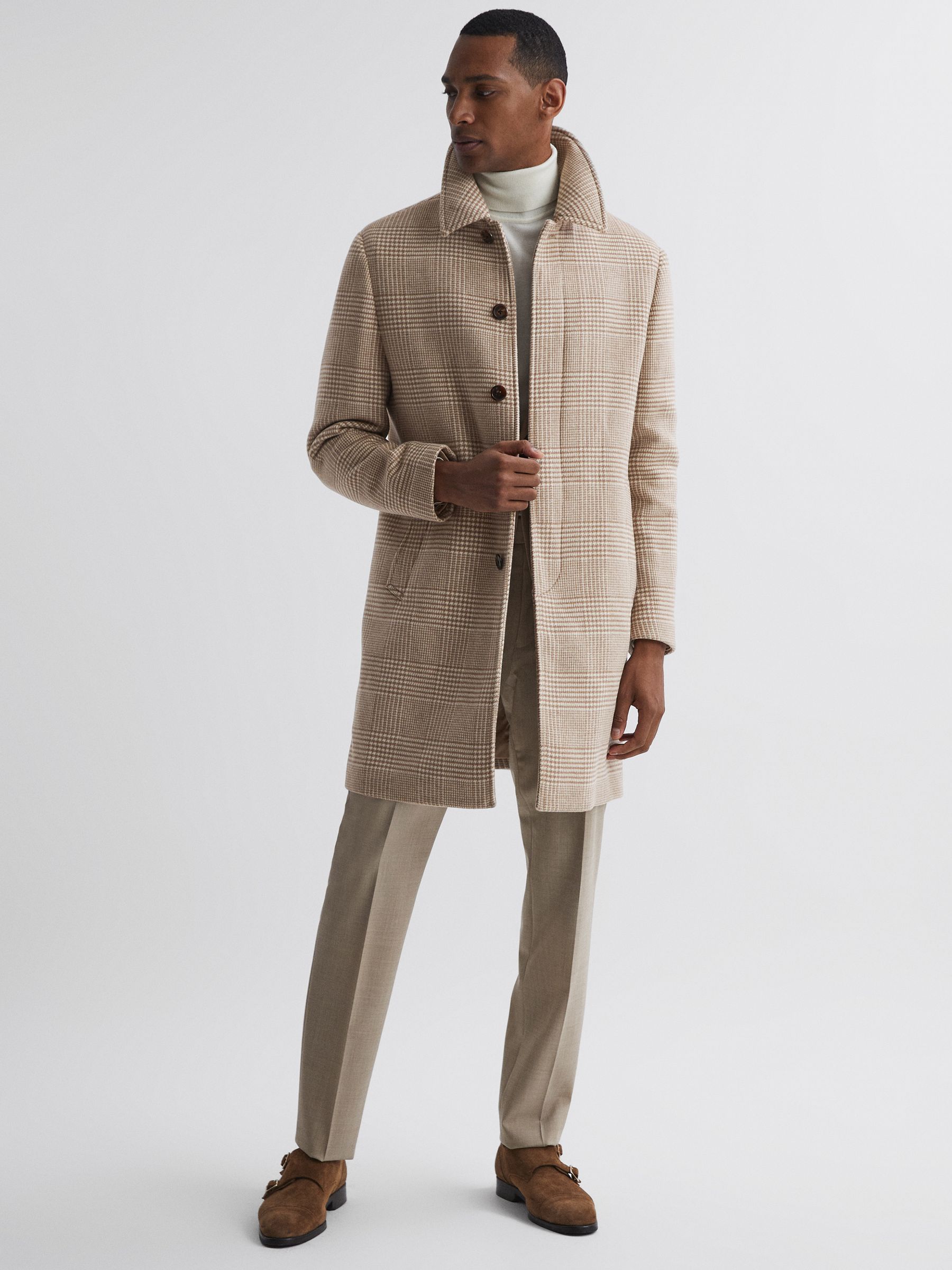 Reiss Wool Check Mid Length Coat in Oatmeal REISS