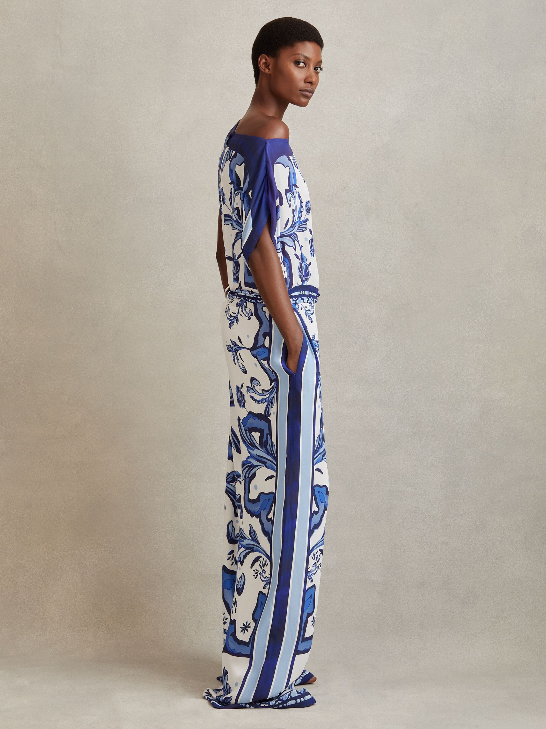 Reiss Tile Print Off The Shoulder Jumpsuit in Blue REISS