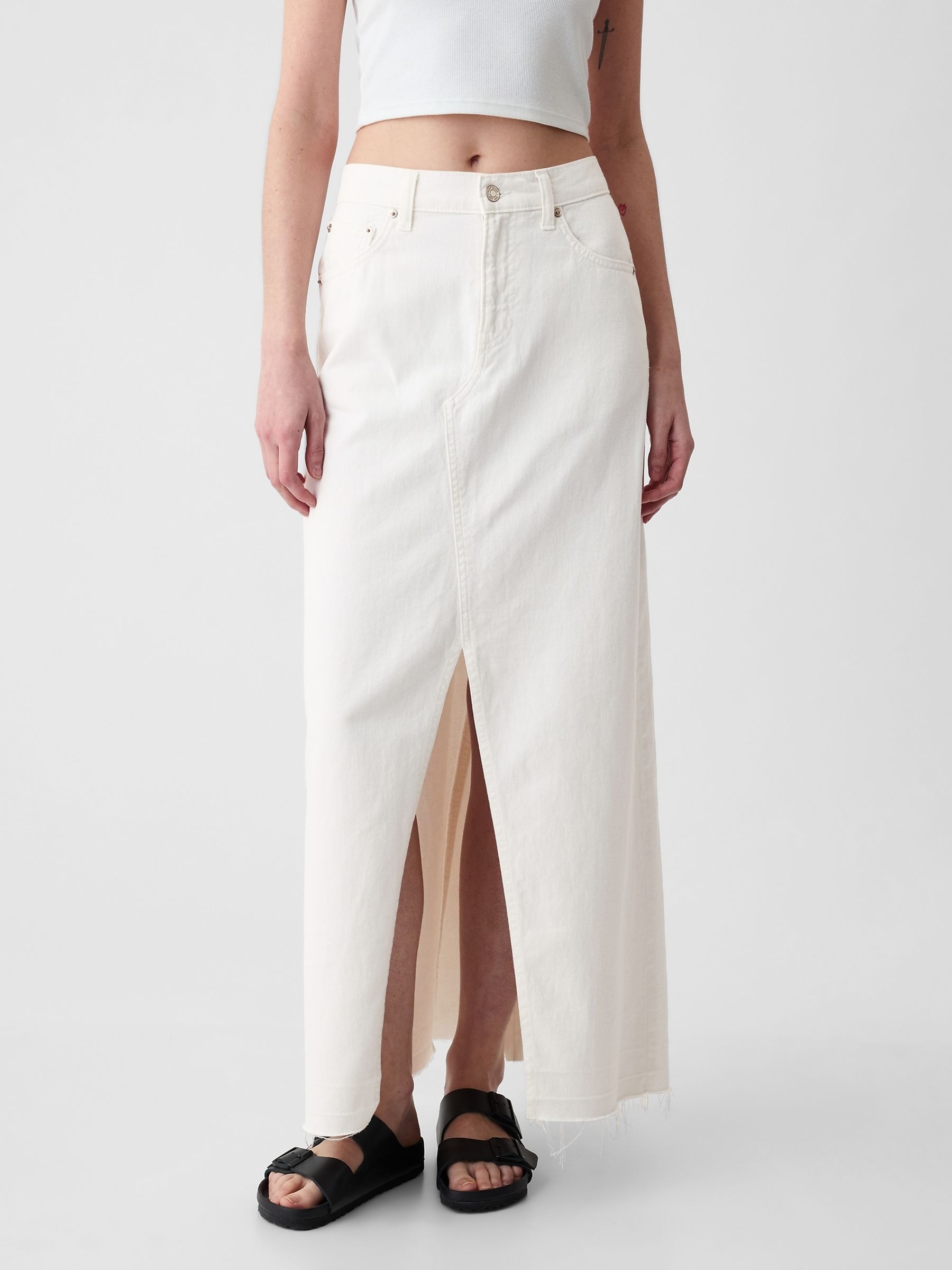 White Denim A line Front Split Midi Skirt
