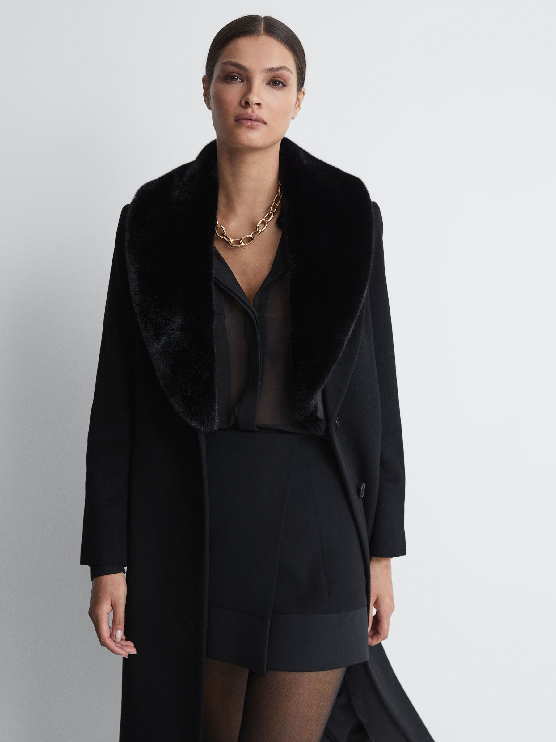 Reiss Wool Blend Removable Faux Fur Collar Coat in Black REISS