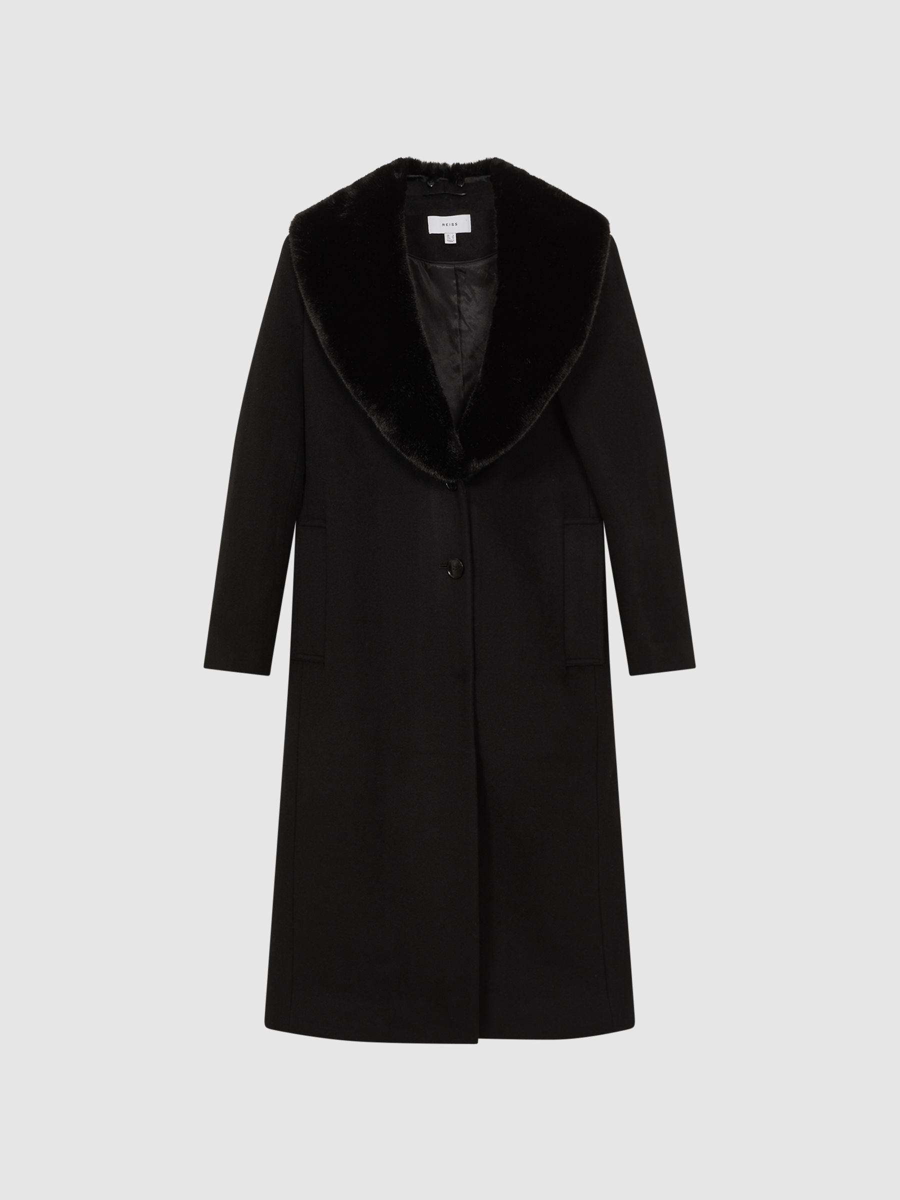 Reiss Wool Blend Removable Faux Fur Collar Coat in Black REISS