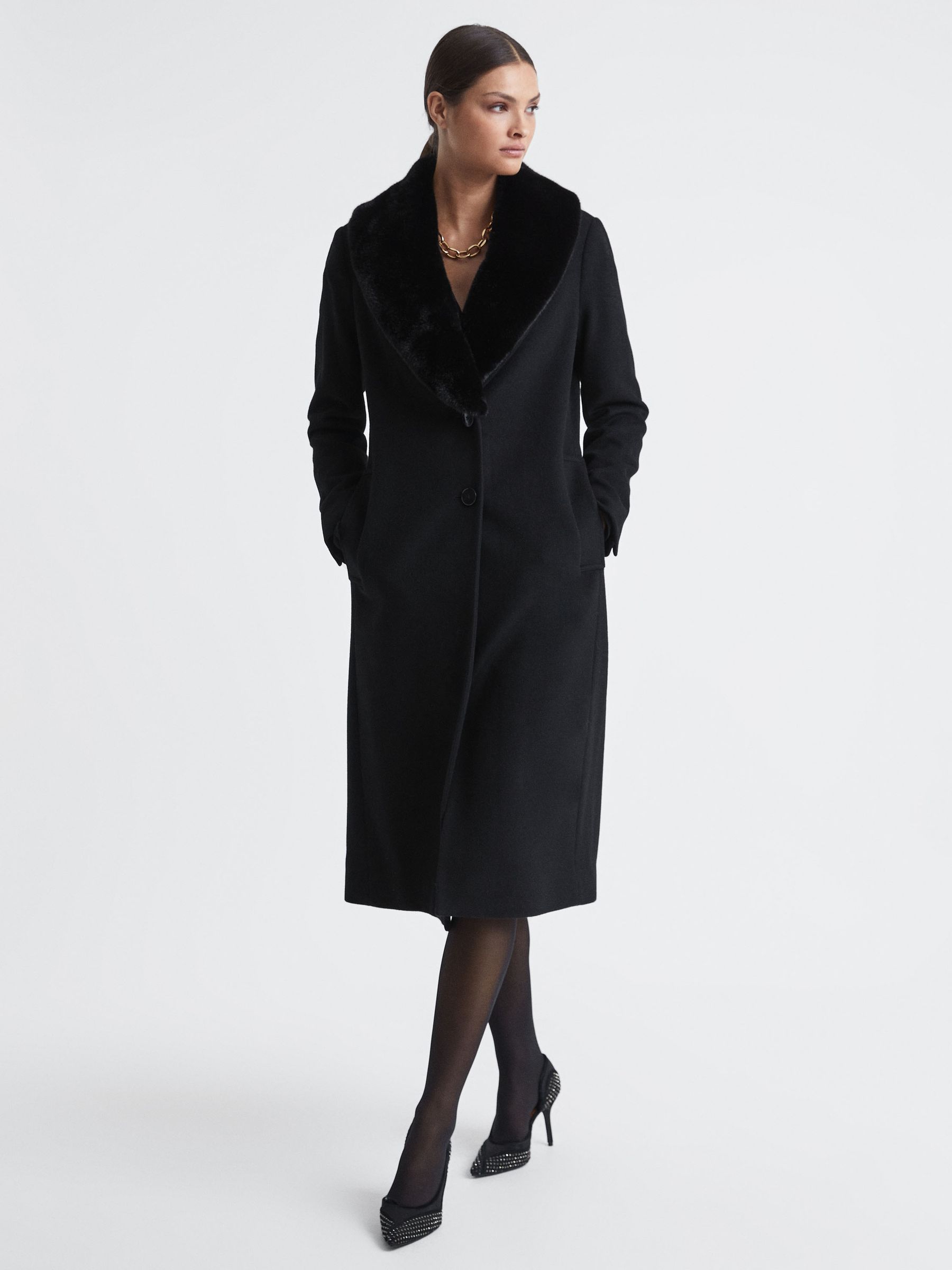 Reiss Wool Blend Removable Faux Fur Collar Coat in Black REISS