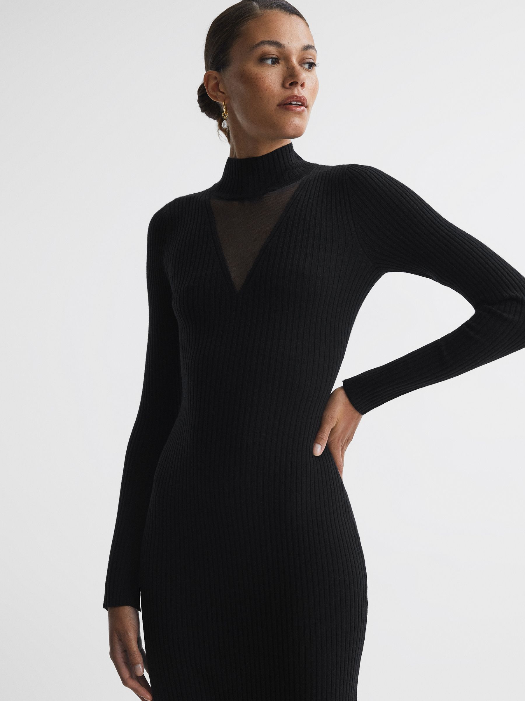 Reiss Ribbed Mesh Panel Bodycon Midi Dress in Black REISS