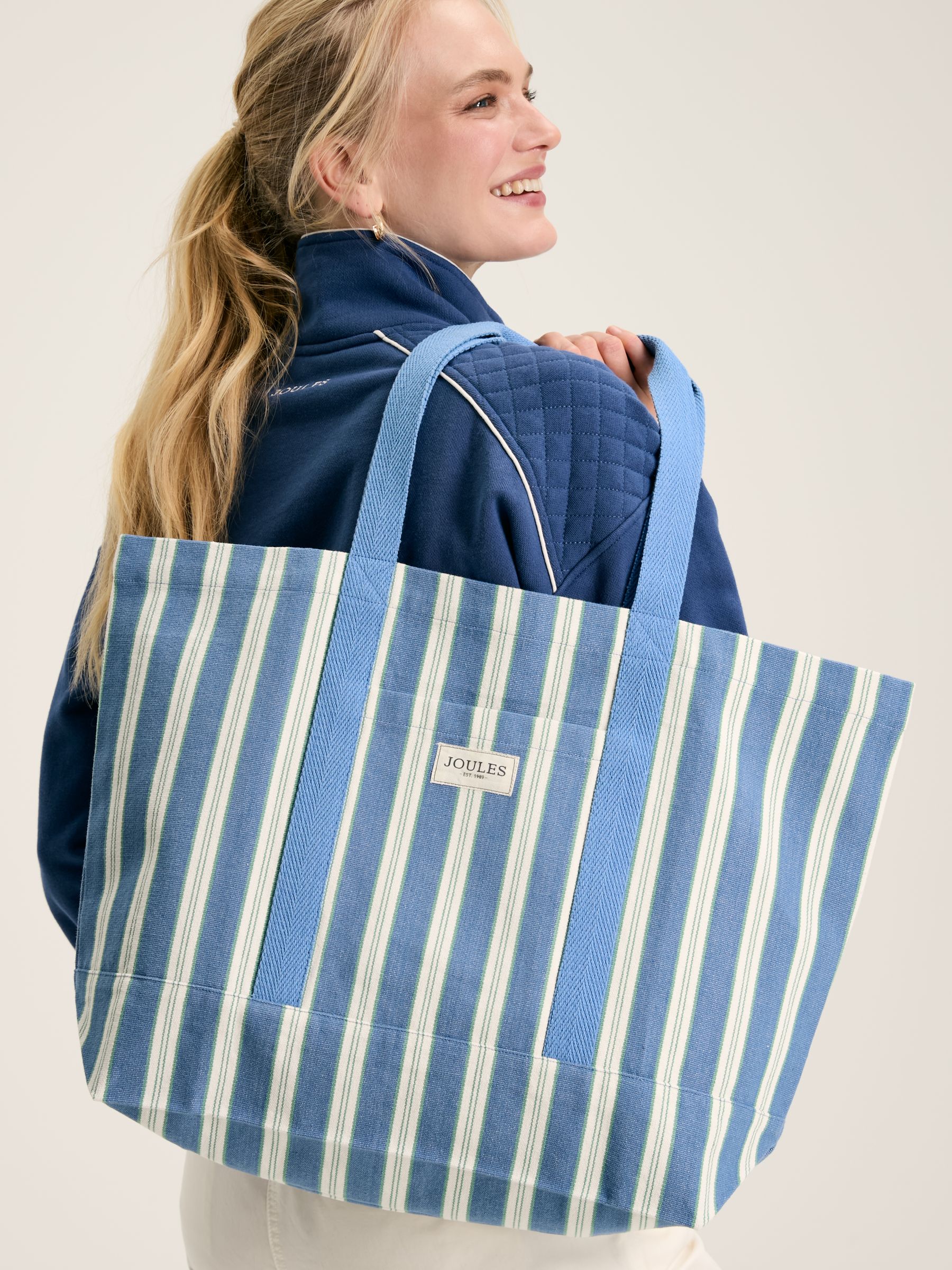 Promenade Blue White Striped Canvas Beach Bag Joules