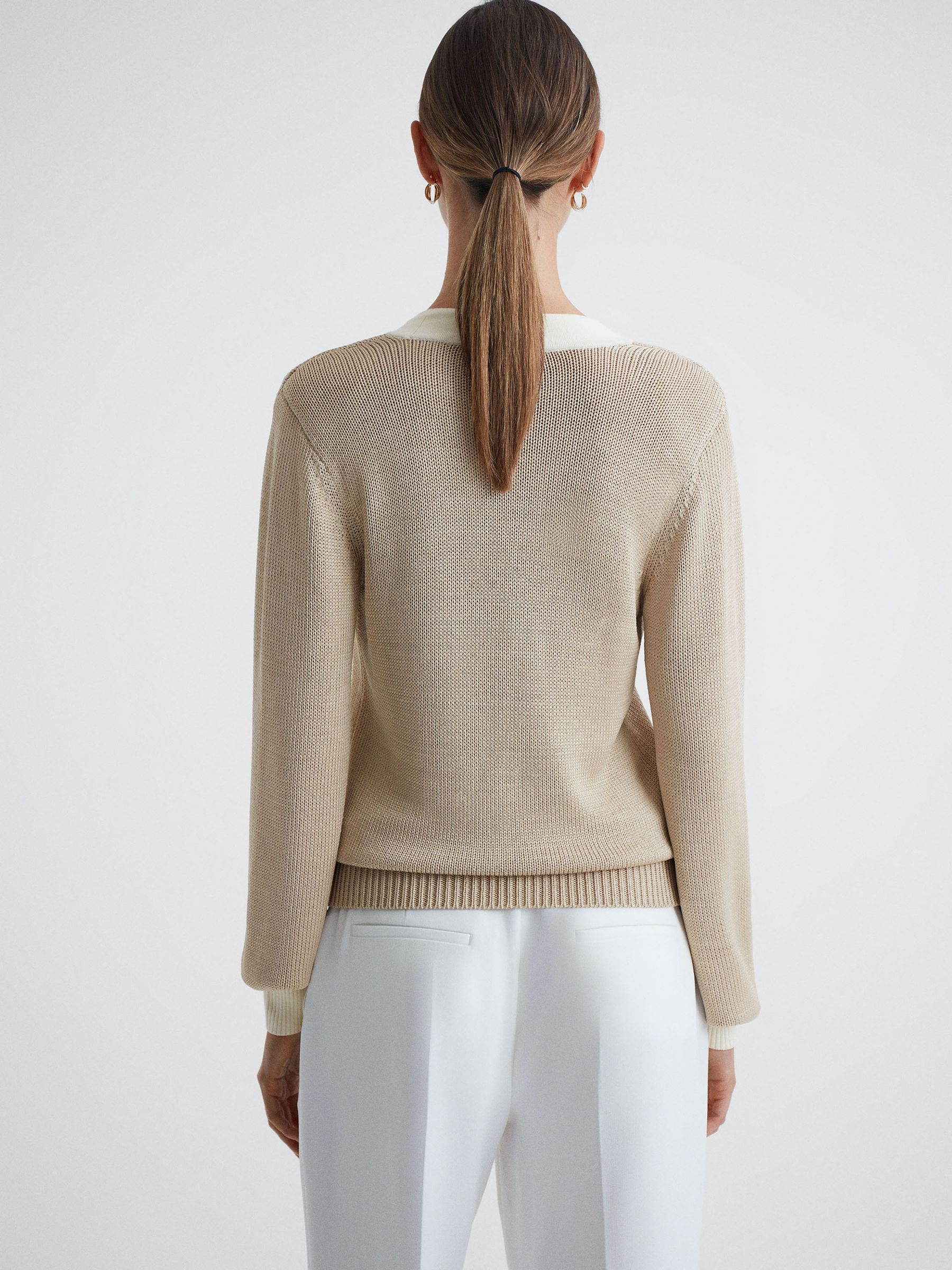 Reiss Contrast Trim Metallic V Neck Jumper in Gold REISS