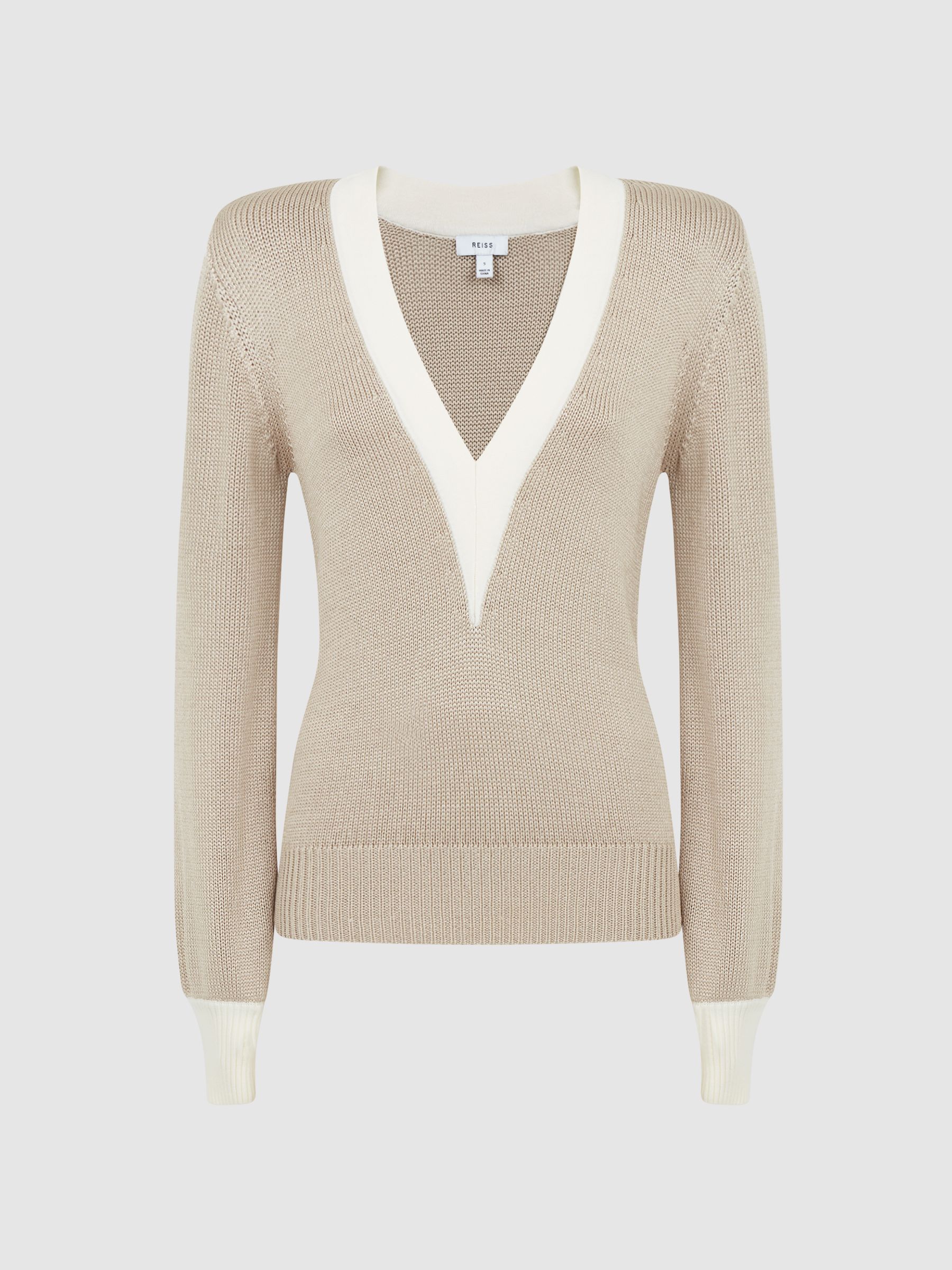 Reiss Contrast Trim Metallic V Neck Jumper in Gold REISS