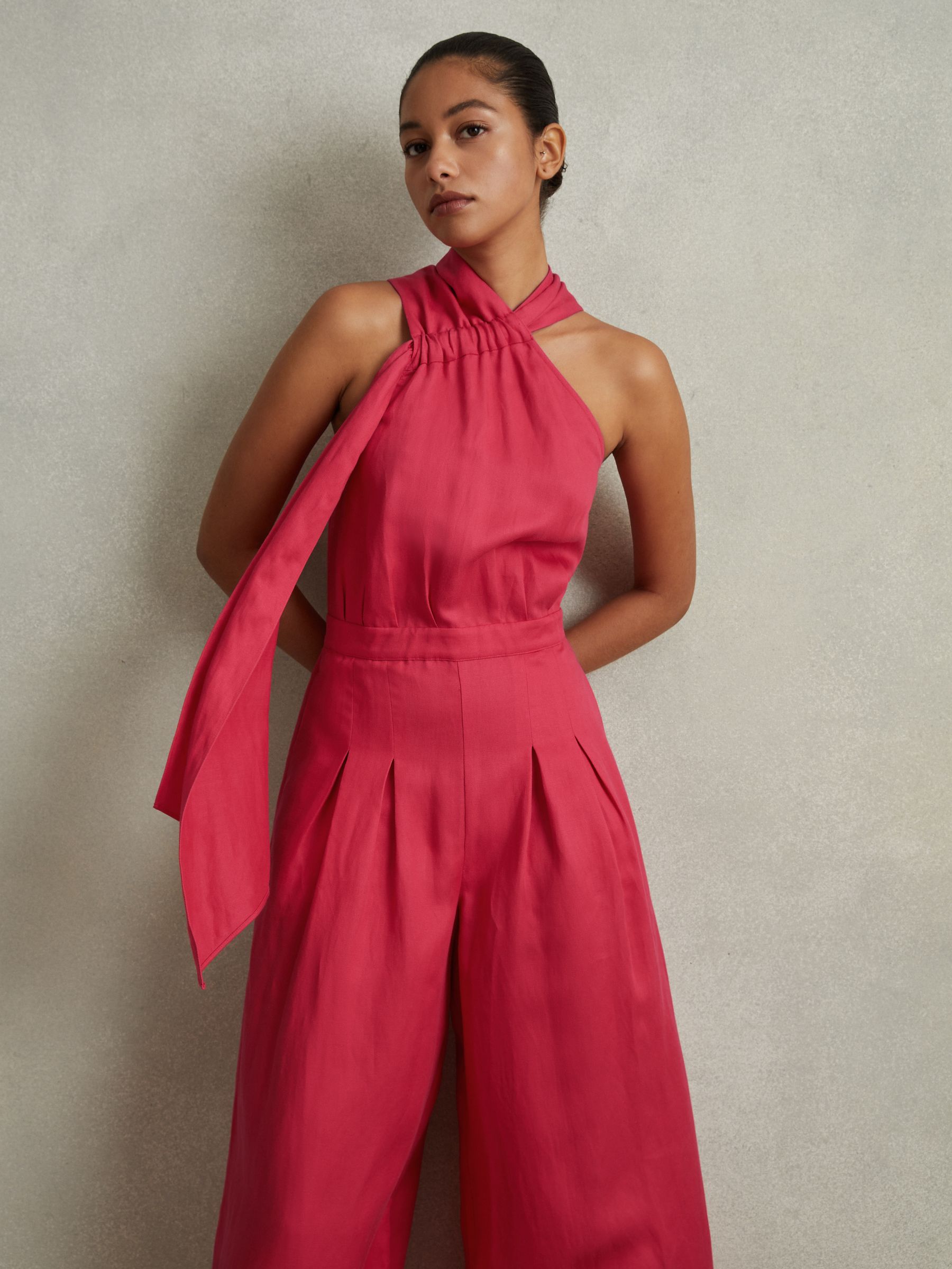 Reiss Linen Blend Drape Jumpsuit in Coral REISS