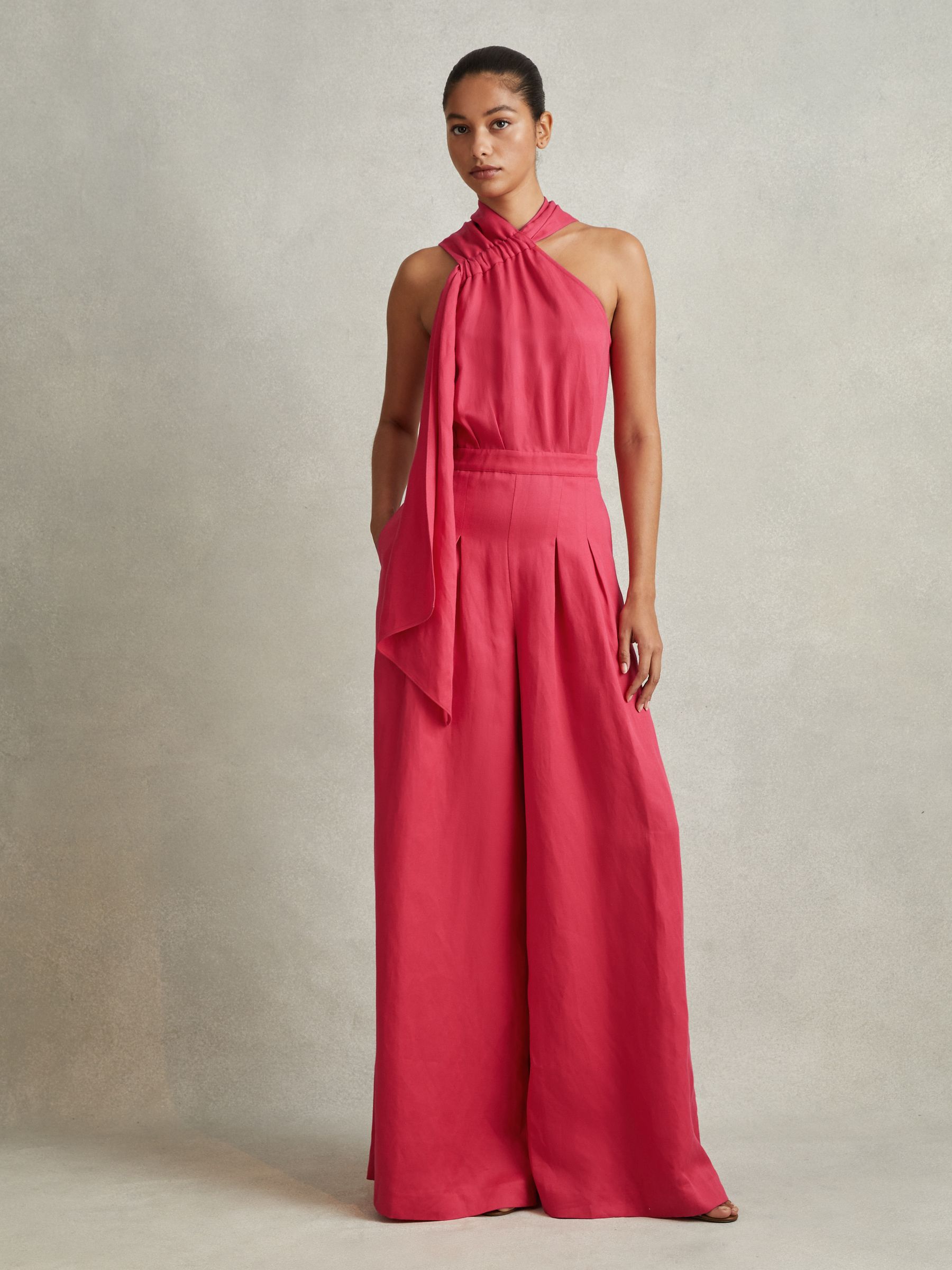 Reiss Linen Blend Drape Jumpsuit in Coral REISS