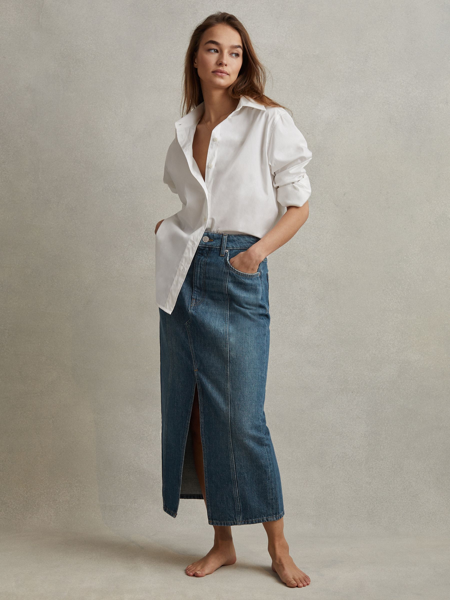 High Rise Denim Midi Skirt in Mid Blue