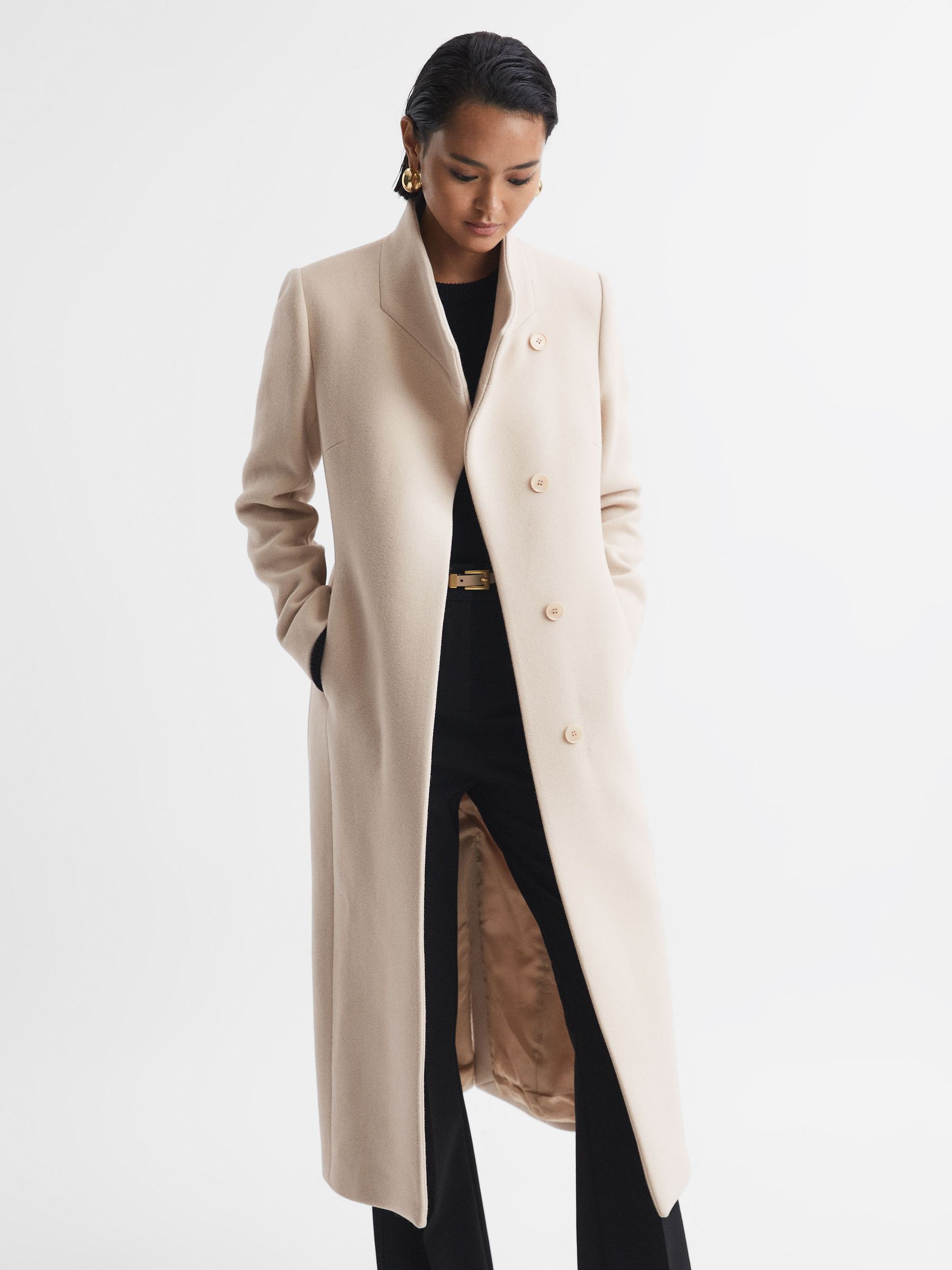 Reiss Tailored Wool Blend Longline Coat in Stone REISS