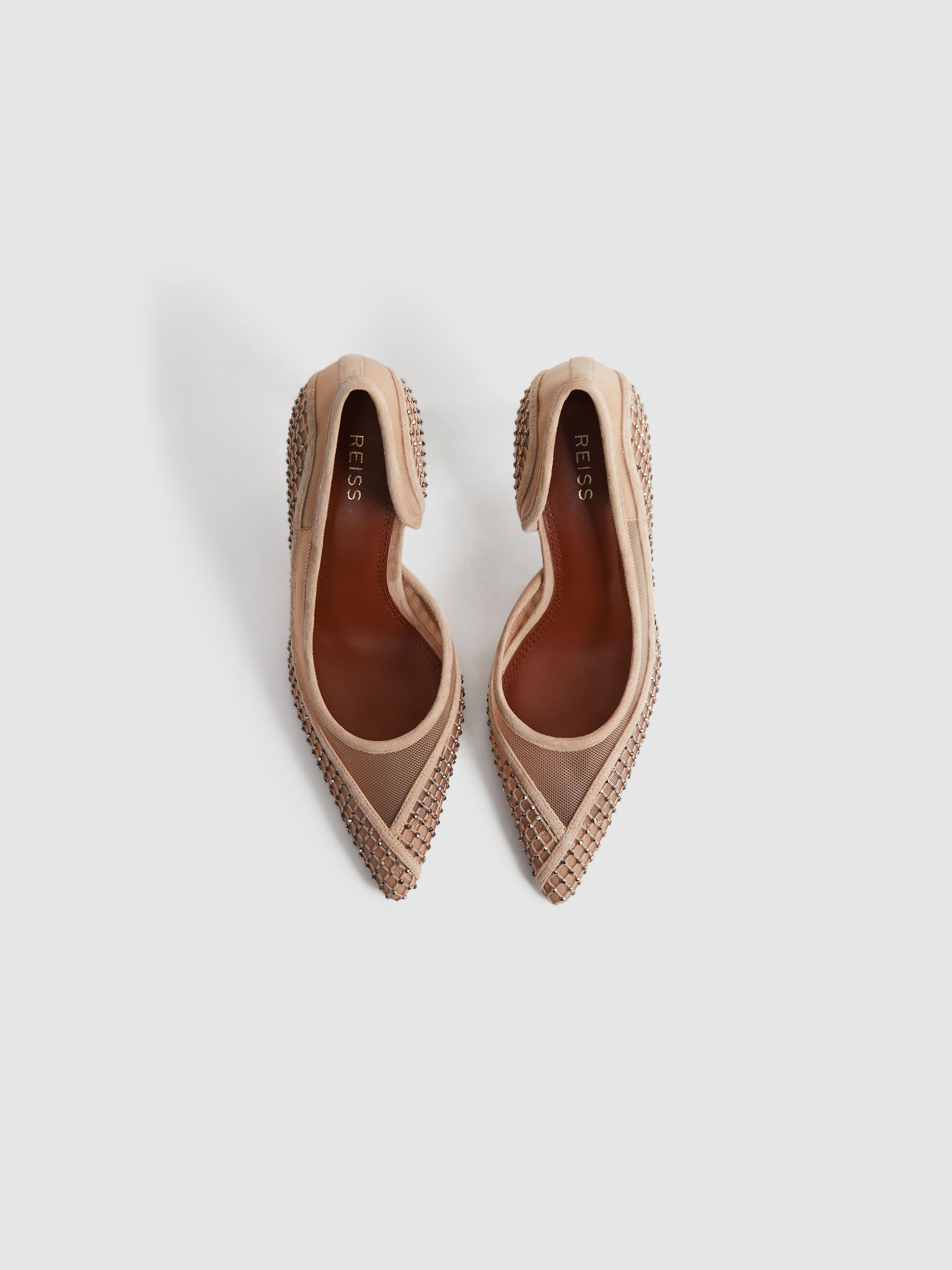 Reiss Embellished Mesh Court Shoes in Nude REISS