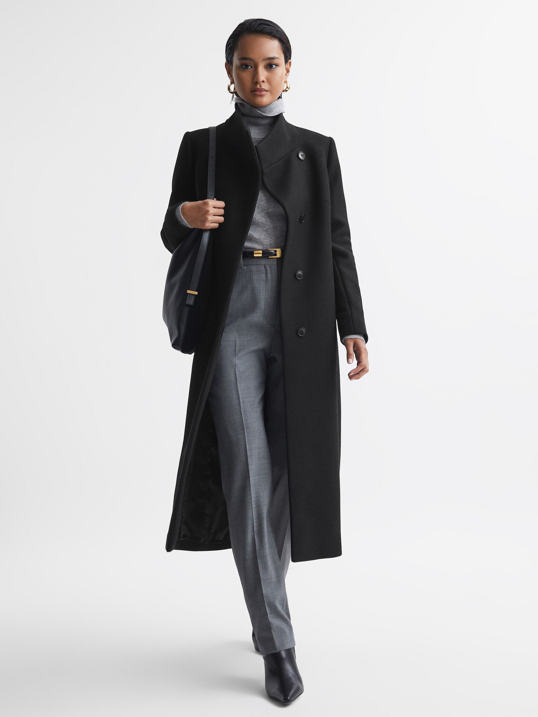 Reiss Tailored Wool Blend Longline Coat in Black REISS