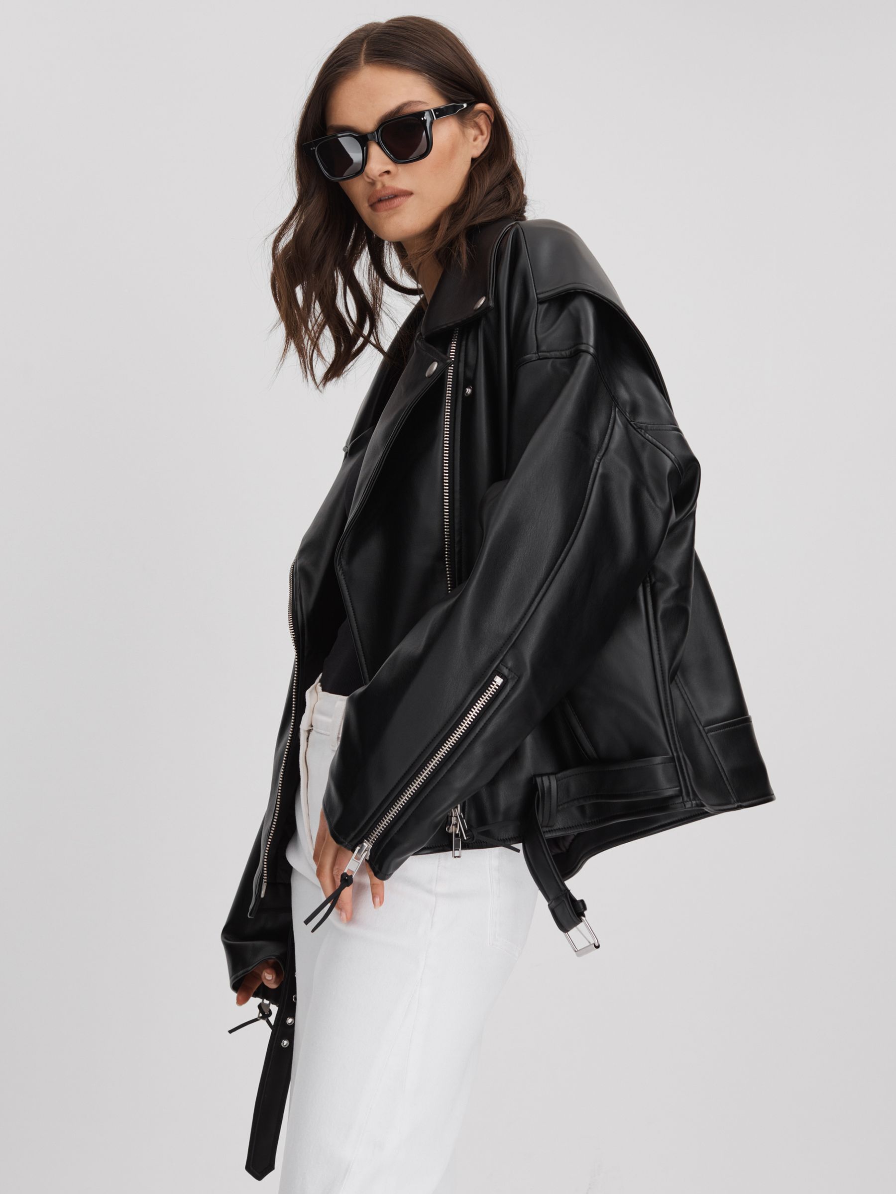 Reiss Good American Oversized Faux Leather Jacket in Black REISS