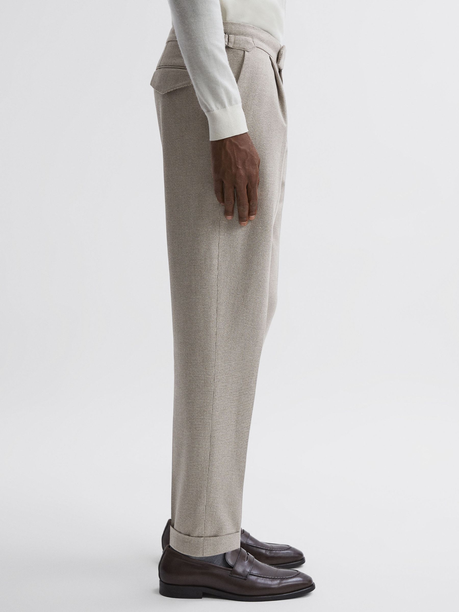 Reiss Slim Fit Puppytooth Rolled Hem Trousers in Ecru Brown REISS