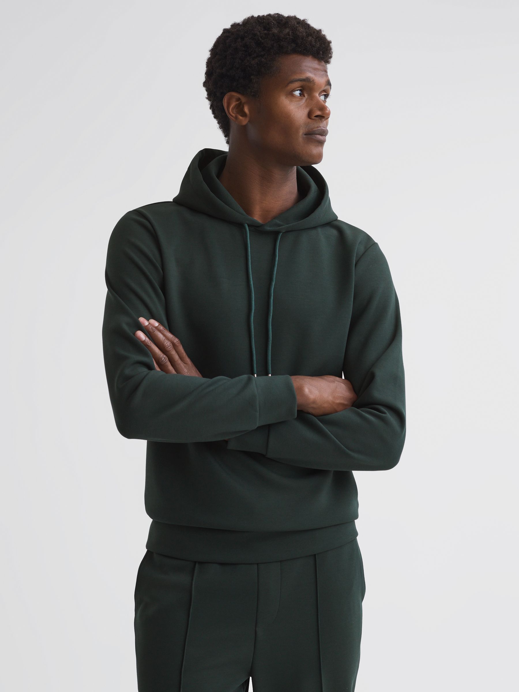 Reiss Plain Interlock Jersey Drawstring Hoodie in Emerald REISS