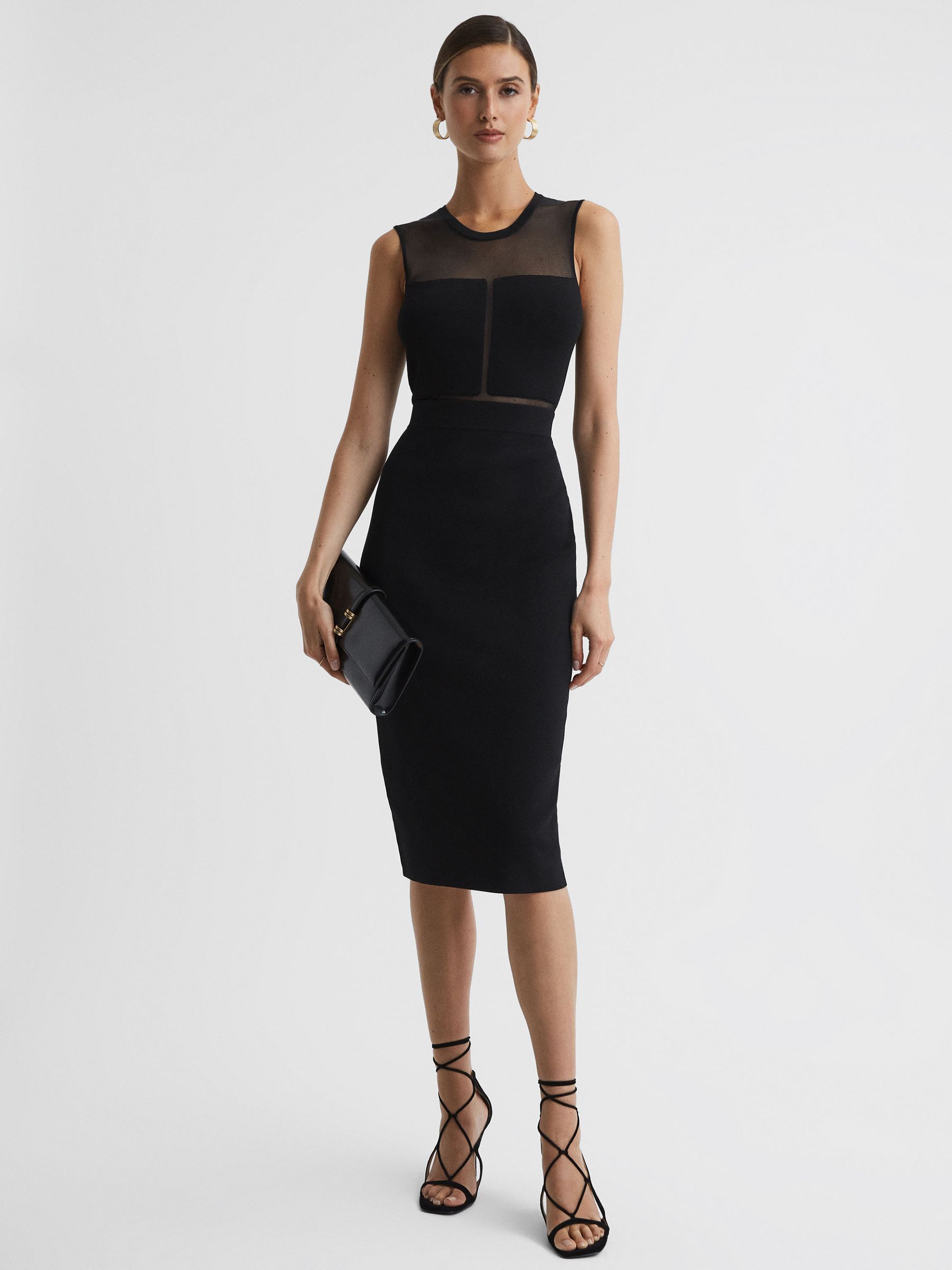 Reiss Sheer Knitted Bodycon Midi Dress in Black REISS