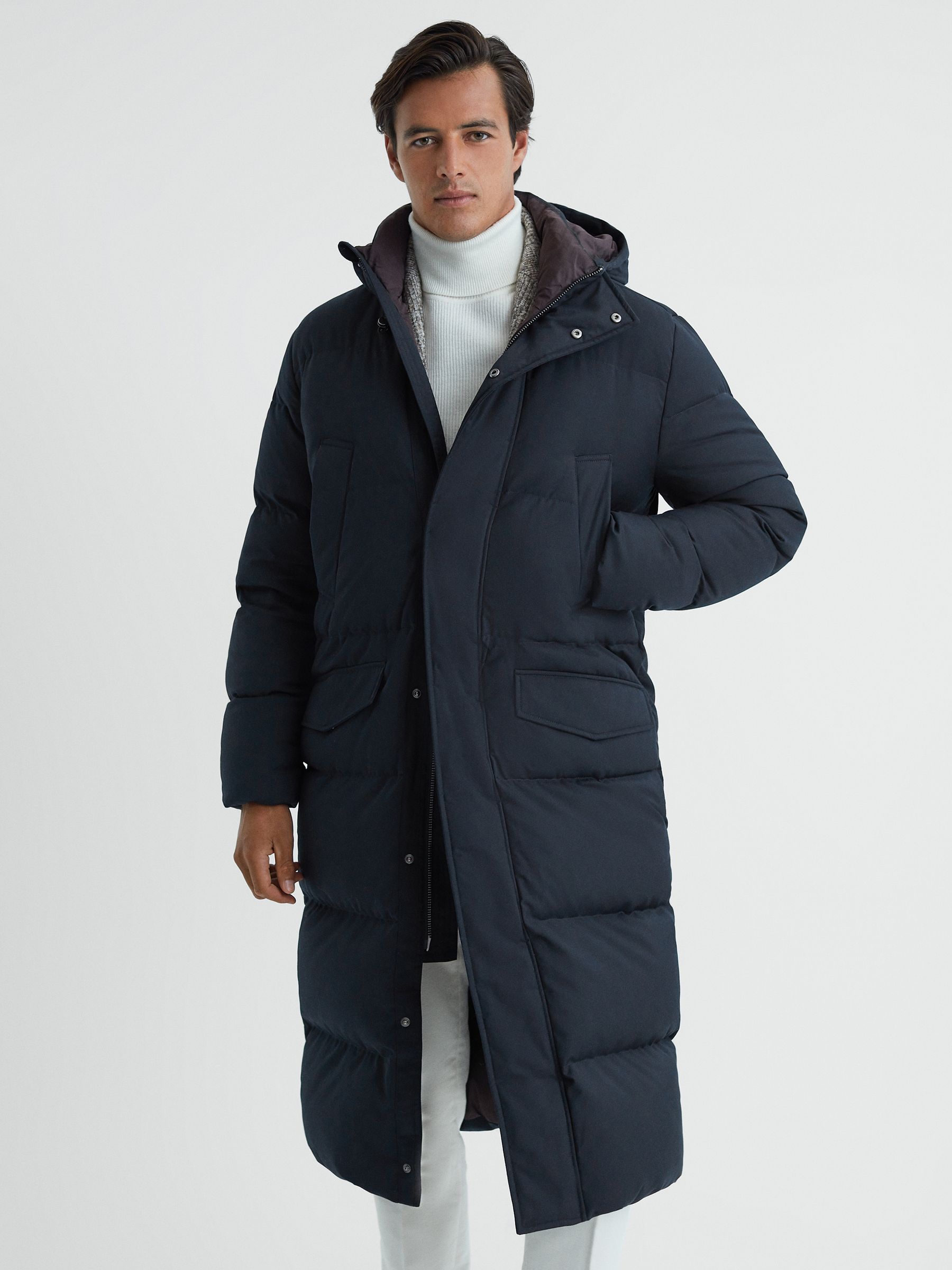Reiss Quilted Long Hooded Coat in Navy REISS