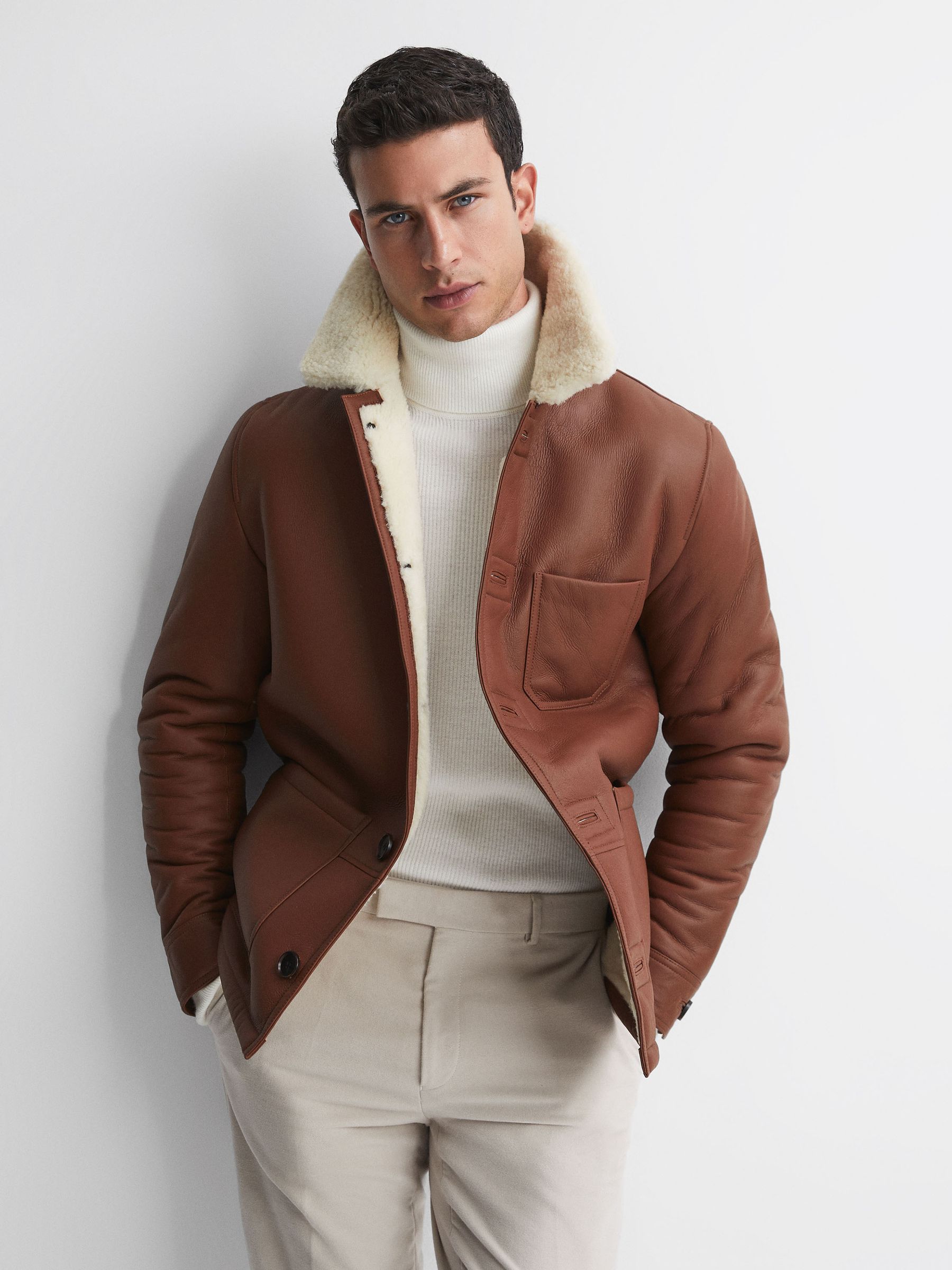 Reiss Leather Shearling Button Through Jacket in Brown REISS