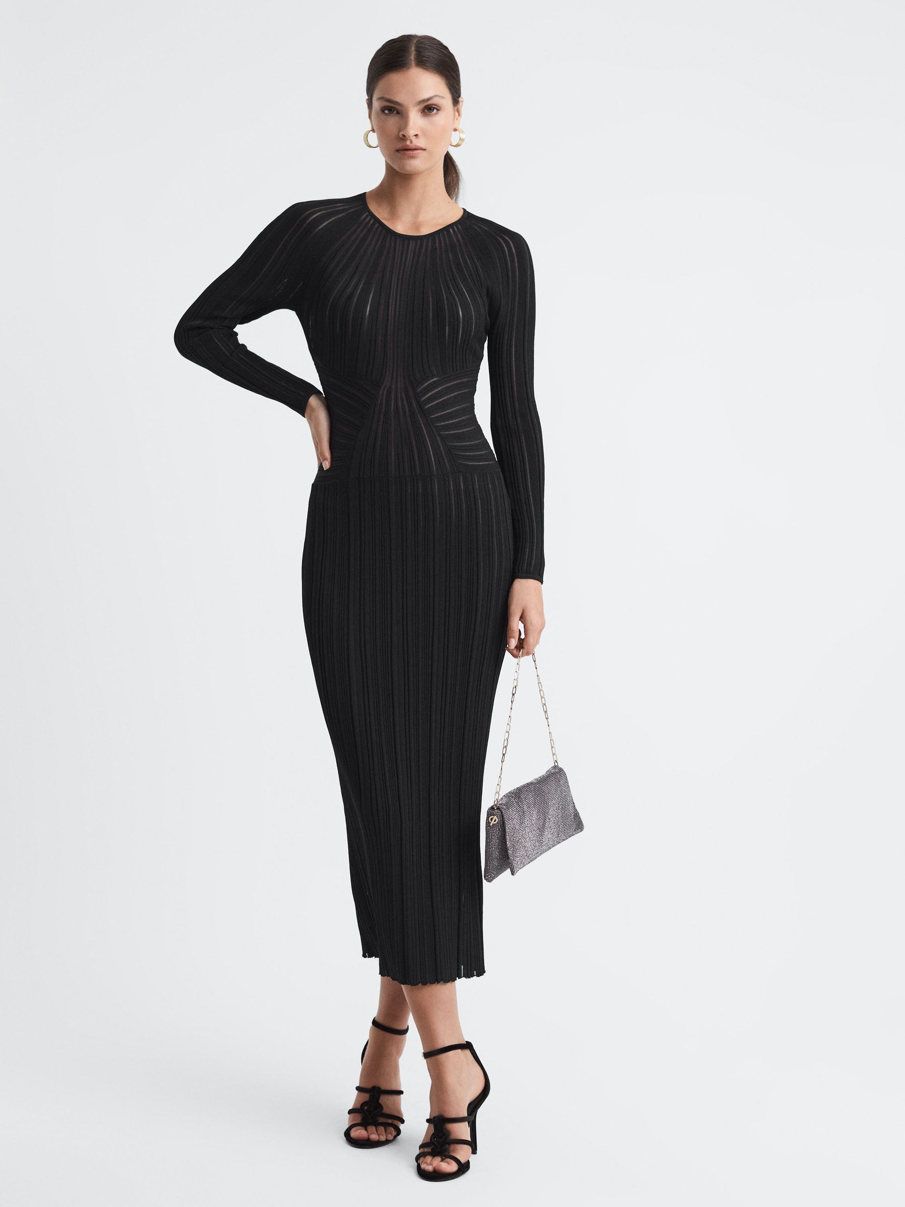 Reiss Sheer Striped Bodycon Midi Dress in Black REISS