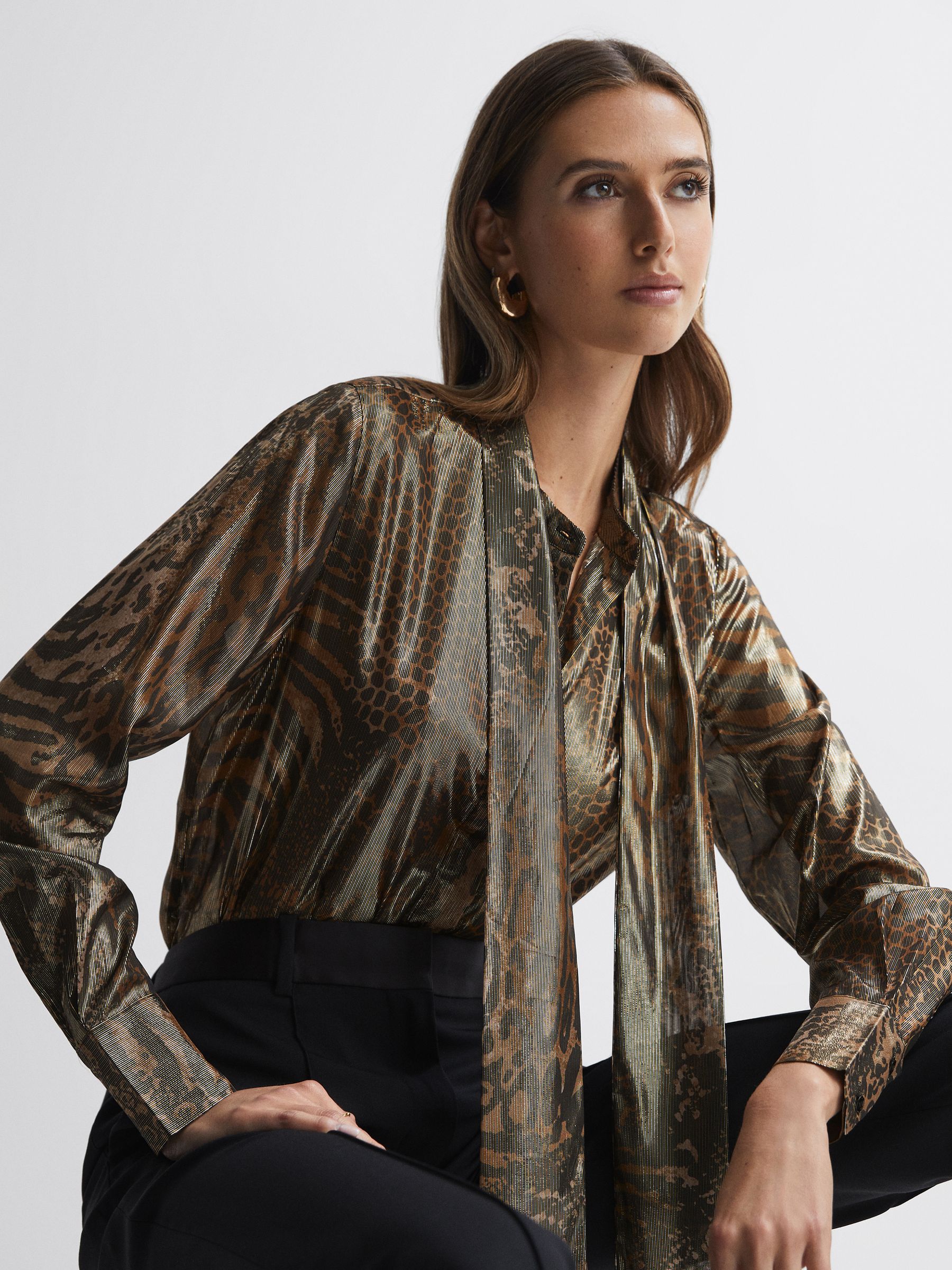 Metallic Animal Print Tie Neck Blouse in Gold