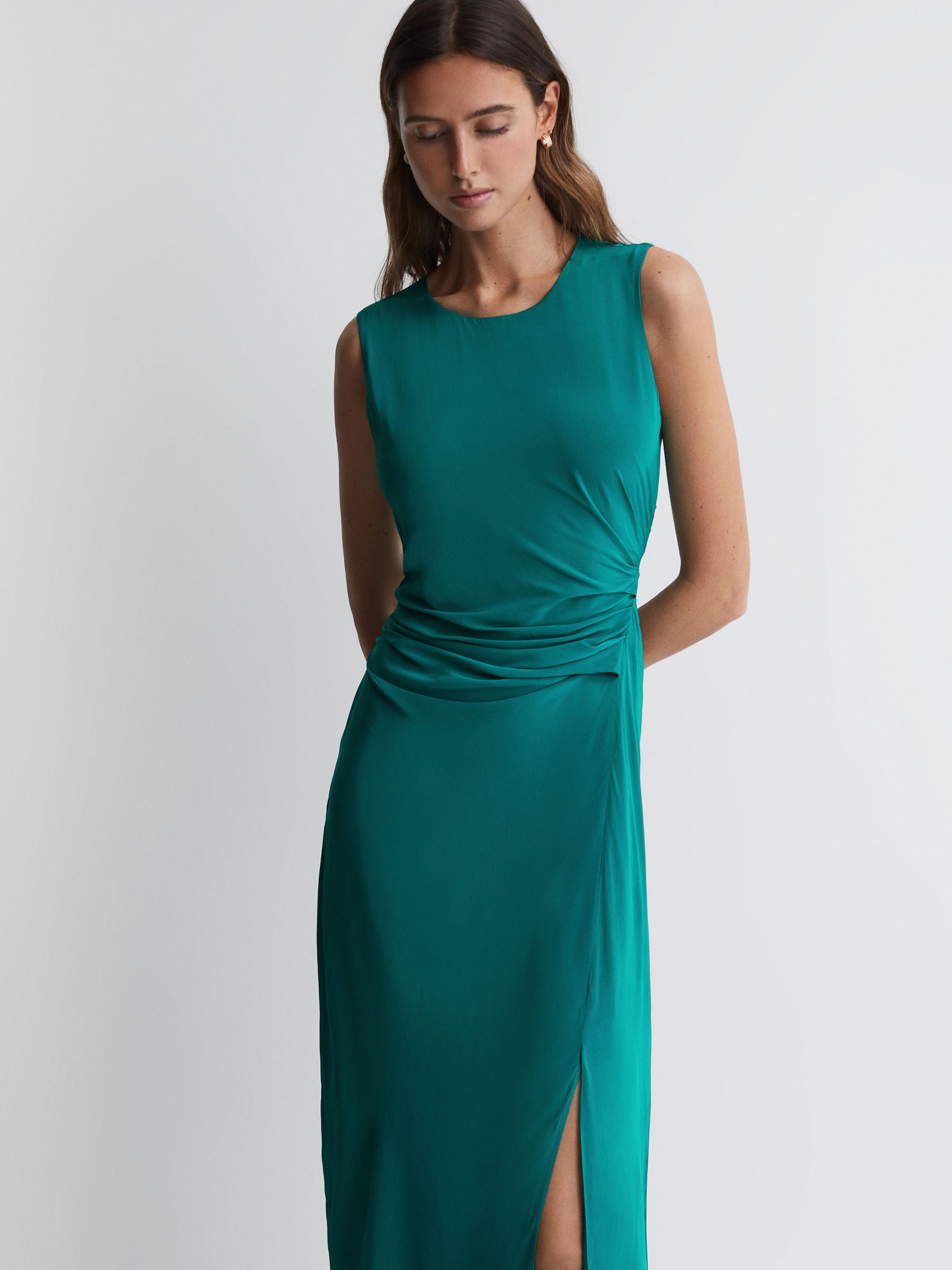 Reiss Bodycon Ruched Midi Dress in Green REISS