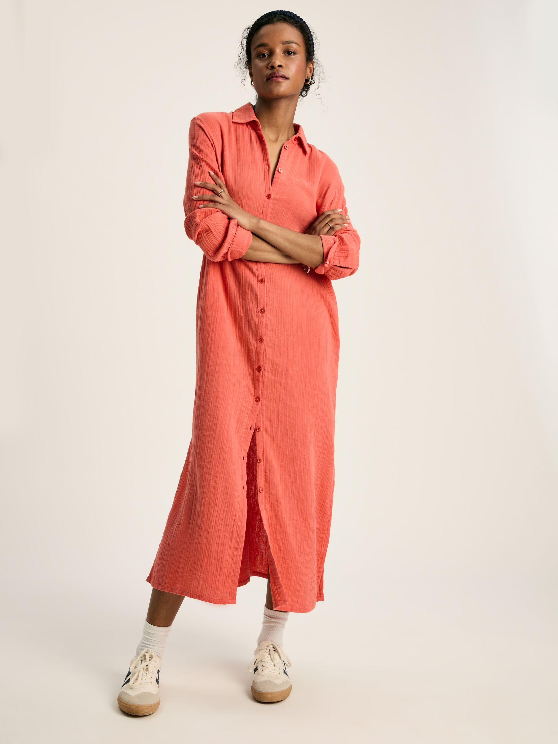 Buy Joules Erica Coral Pink Button Through Cotton Shirt Dress from the Joules online shop