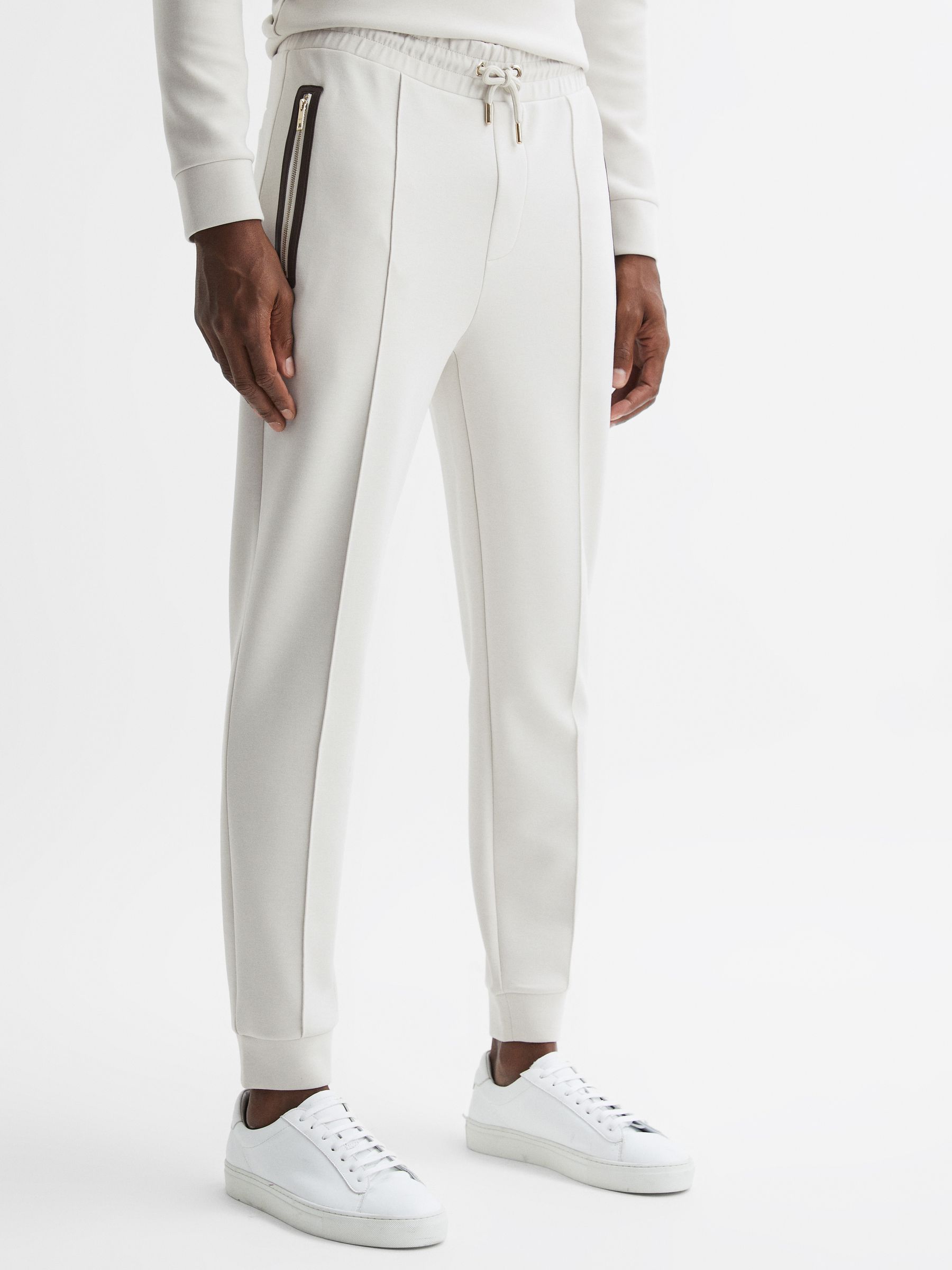 Reiss Drawstring Contrast Zip Joggers in Off White REISS