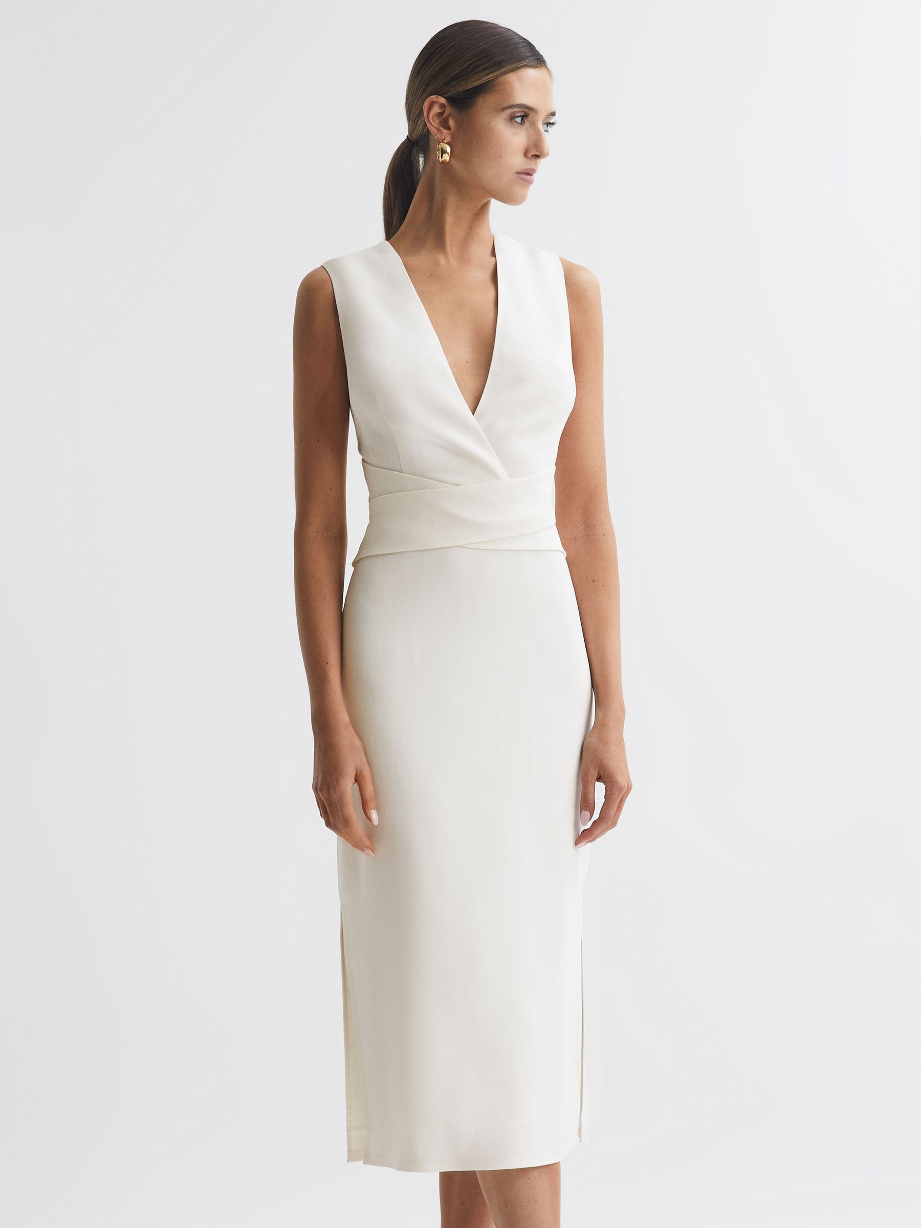 Reiss Fitted Wrap Design Midi Dress in Ivory REISS