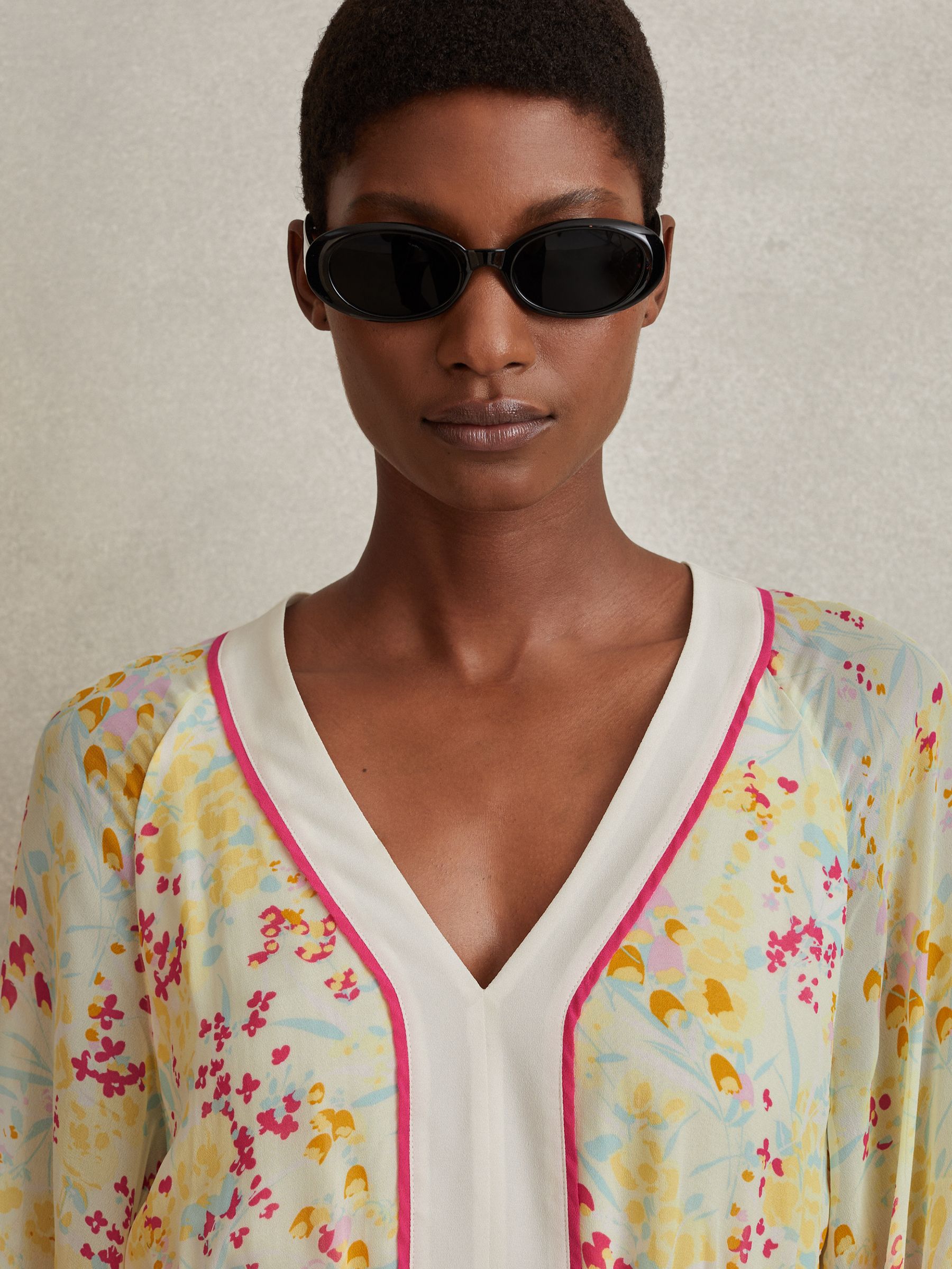 Reiss Floral Print Puff Sleeve Mini Dress in Pink Yellow REISS