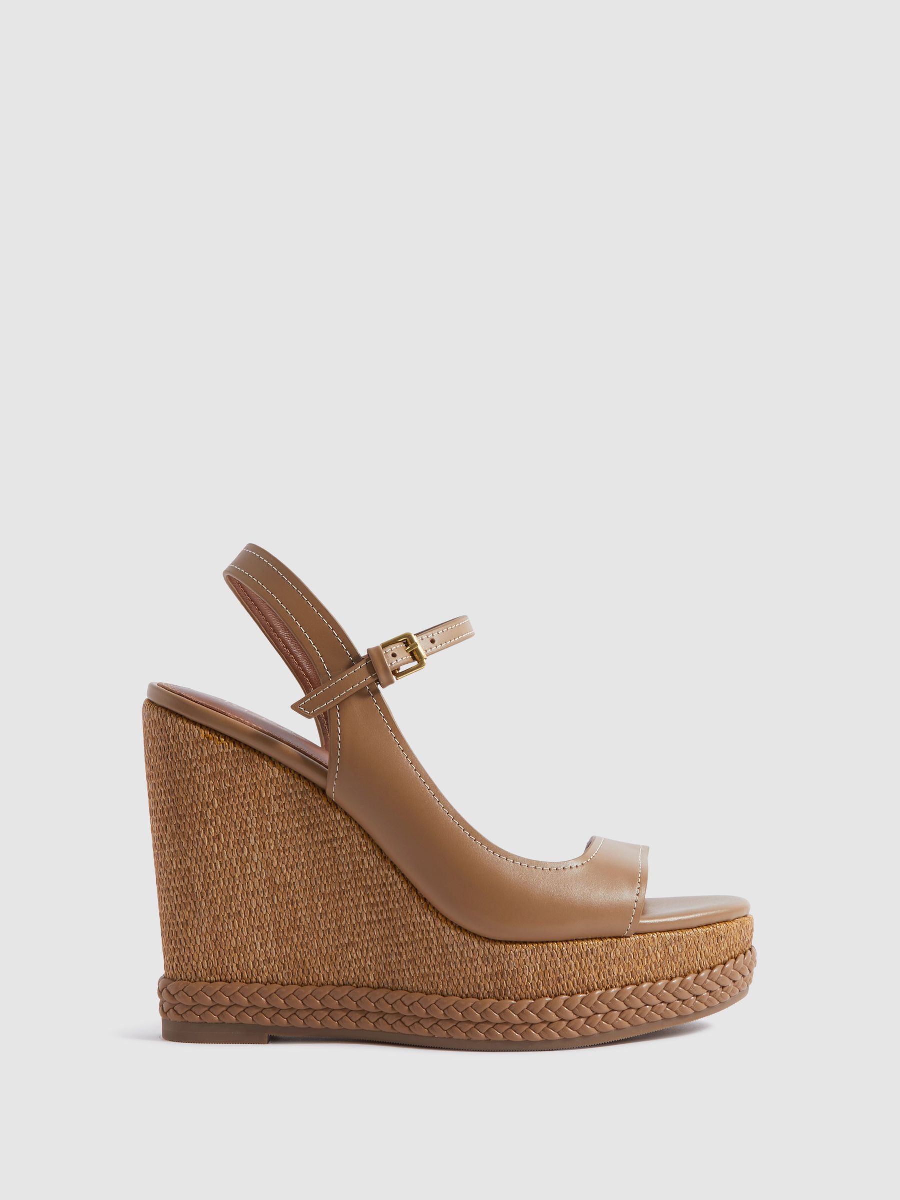 Leather Plaited Wedge Heels in Tan