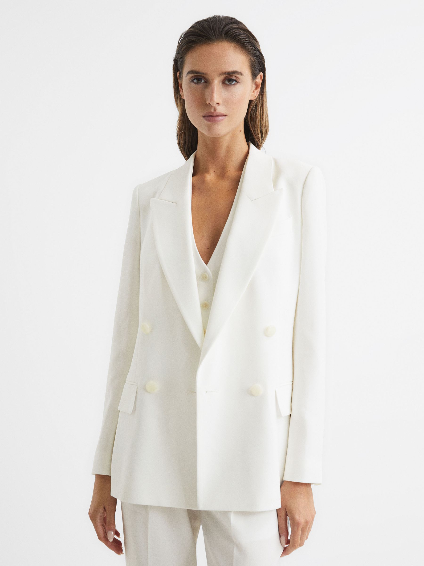 Reiss Crepe Double Breasted Blazer in White REISS