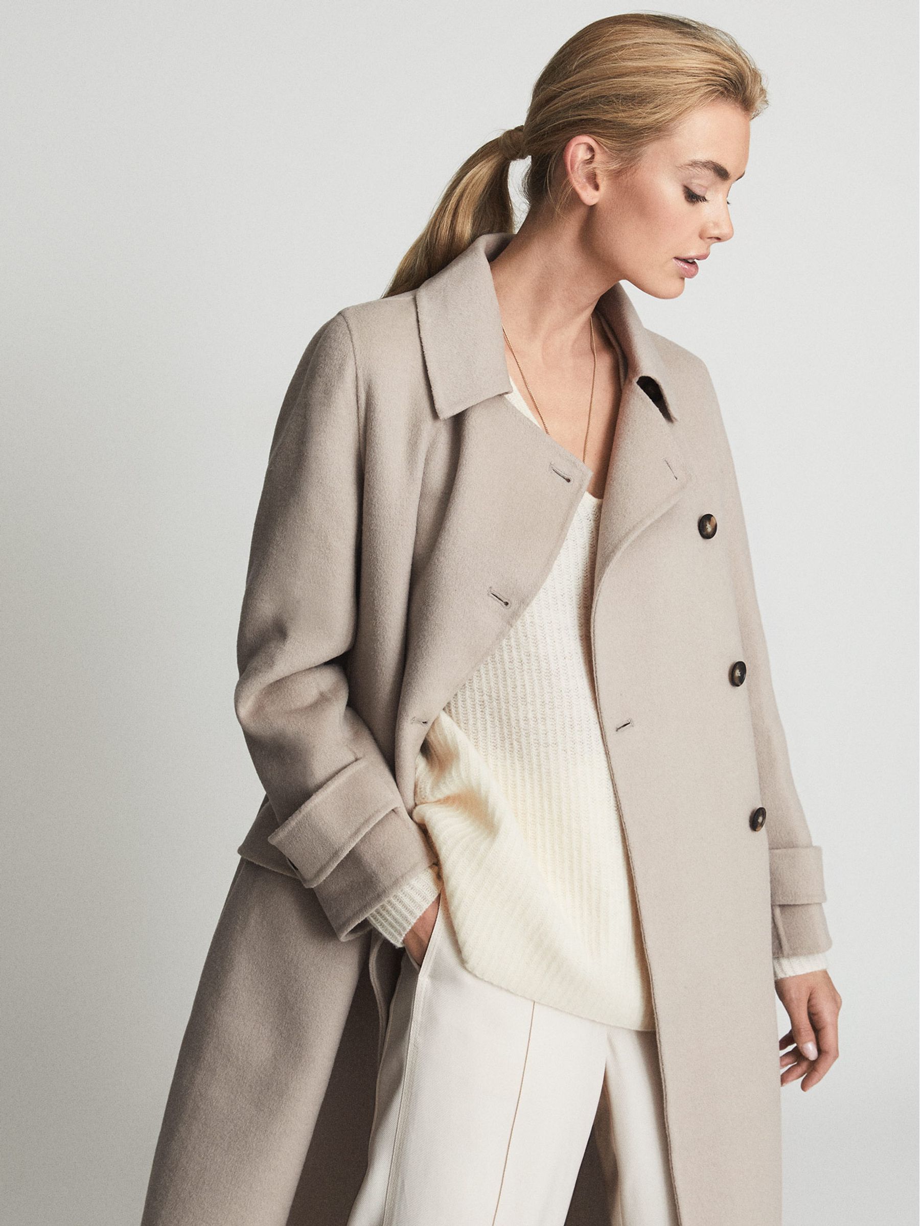 Reiss Button Blindseam Long Coat in Oatmeal REISS