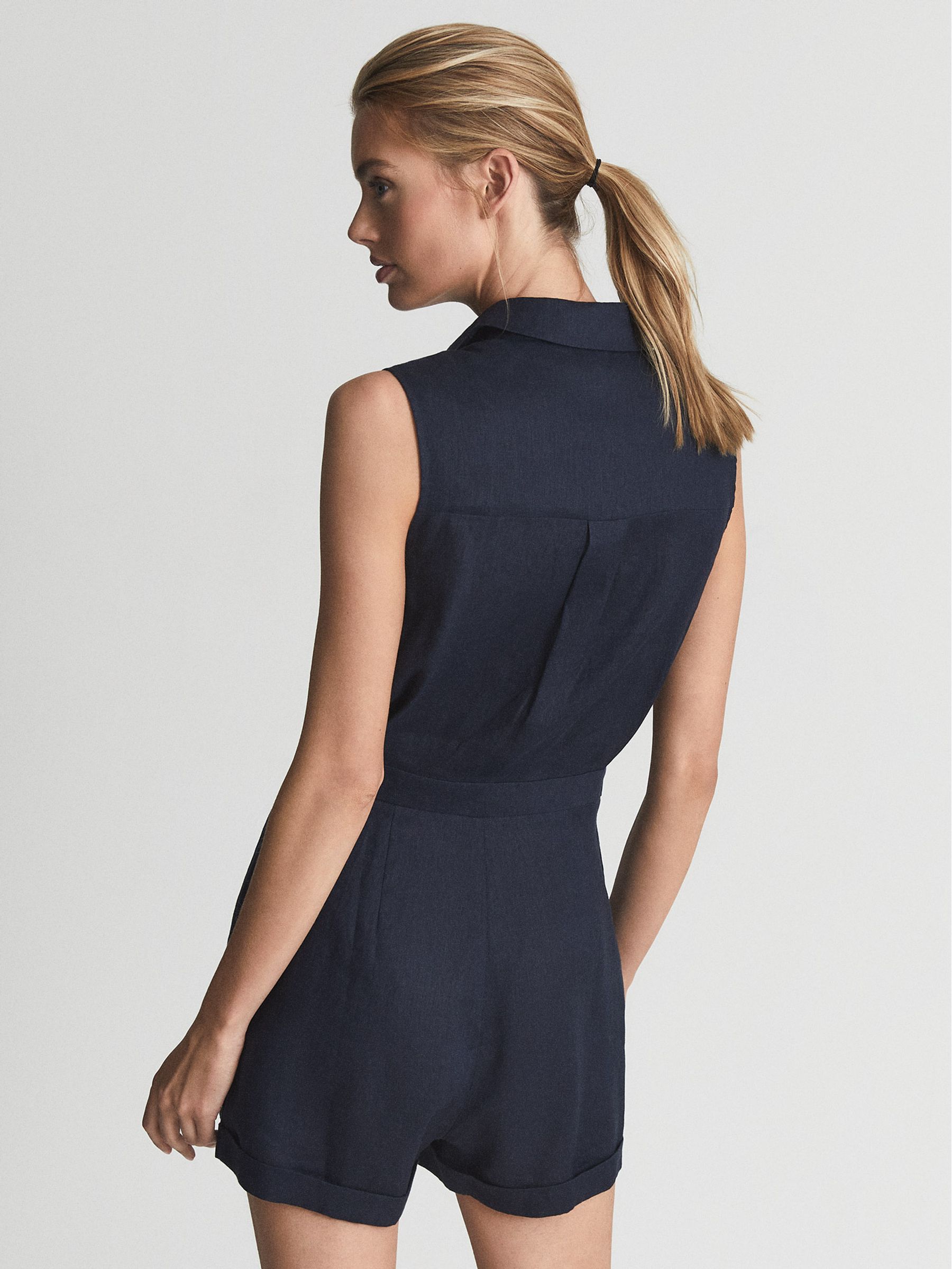 Reiss Sleeveless Linen Playsuit in Navy REISS