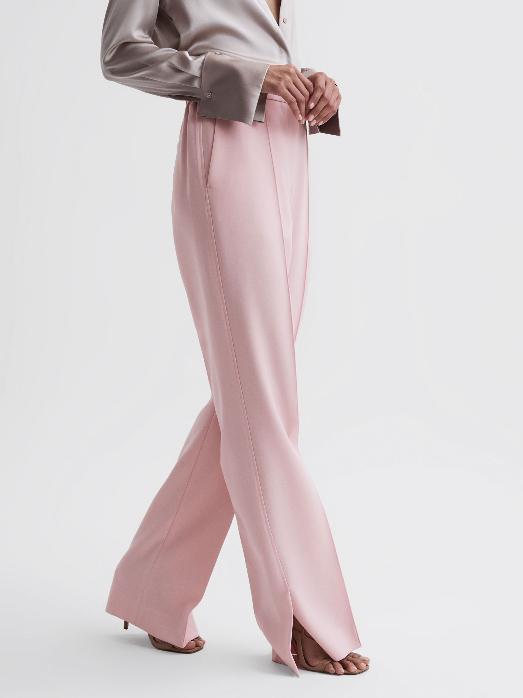 Reiss Wide Leg Split Hem Trousers in Pink REISS