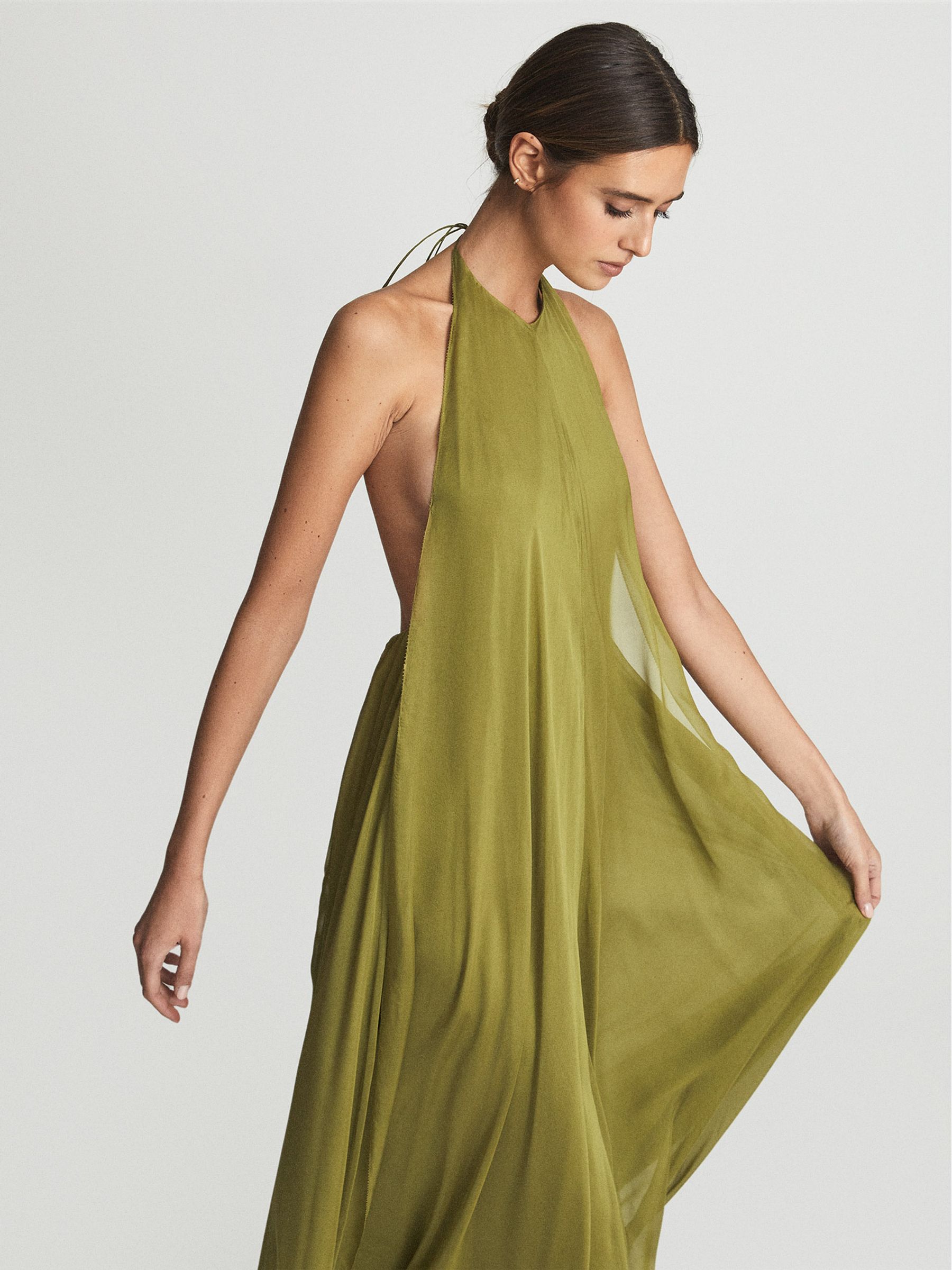 Reiss Halterneck Silk Maxi Dress in Lime REISS