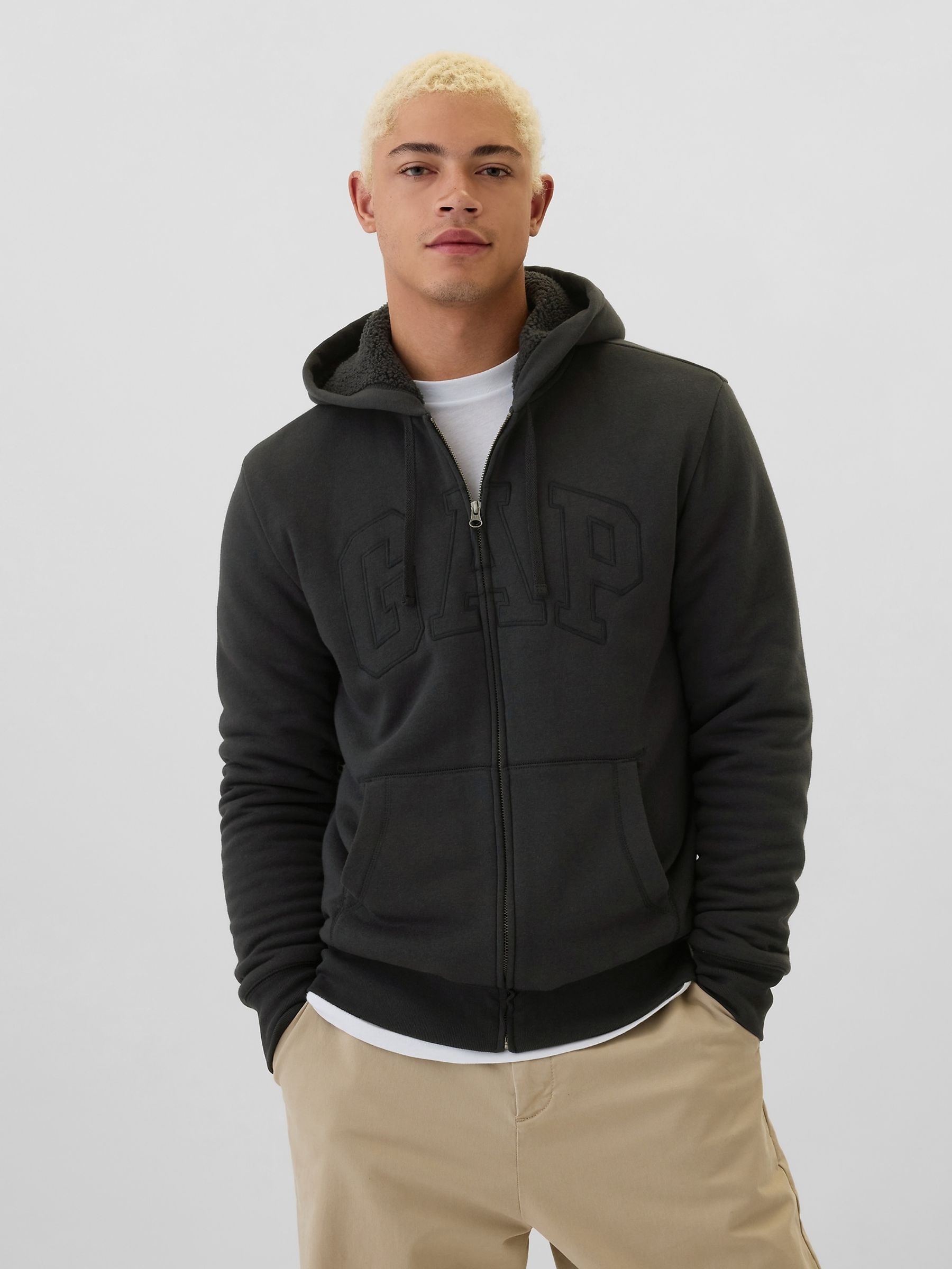 Black Logo Sherpa Lined Zip Up Hoodie