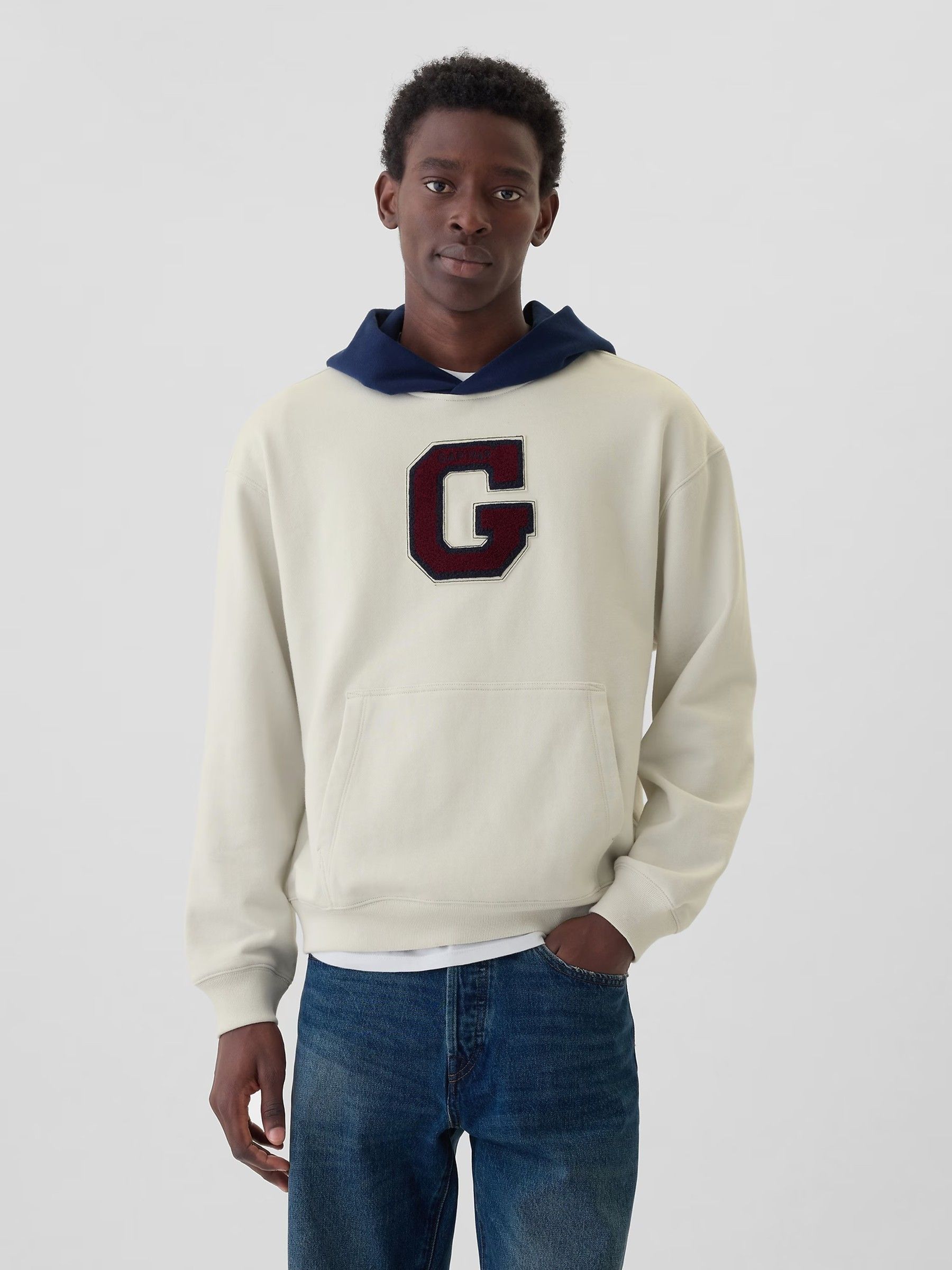 Cream Heavyweight Colourblock Varsity Logo Hoodie