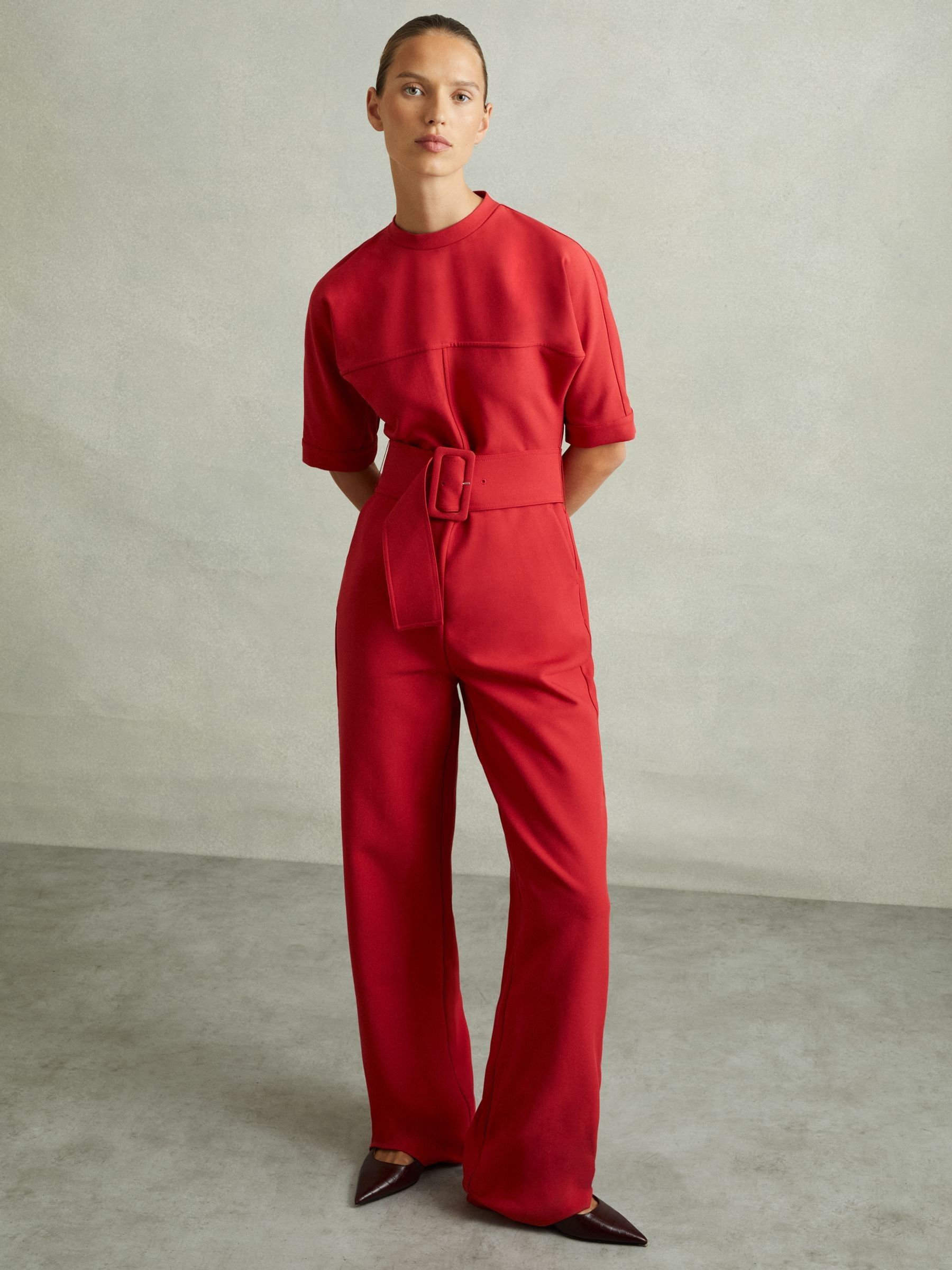 Reiss Wide Leg Belted Jumpsuit in Red REISS