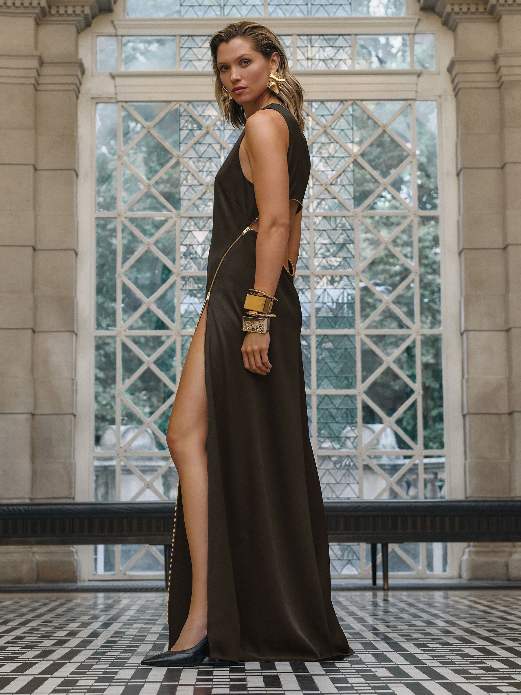 Atelier Zipped Satin Maxi Dress with Virgin Wool in Chocolate